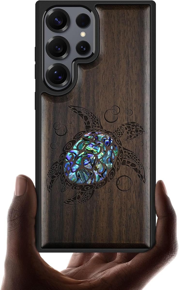Carveit Handcrafted Case for Galaxy S25 Ultra, (Sea Turtle) Black | Samsung Galaxy S25 Ultra Case Compatible with MagSafe Wireless Chargers, Wood Engraved & Shell Inlaid, TPU Shockproof Bumper
