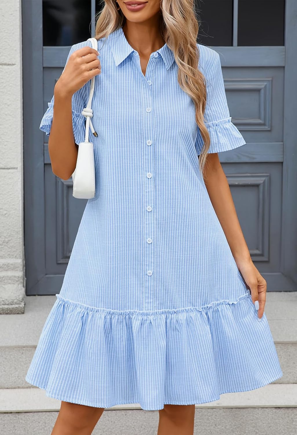 MEROKEETY Women's 2026 Summer Casual Shirt Dress Button Down Ruffle Sleeve Shift Mini Dresses with Pockets - Image 2