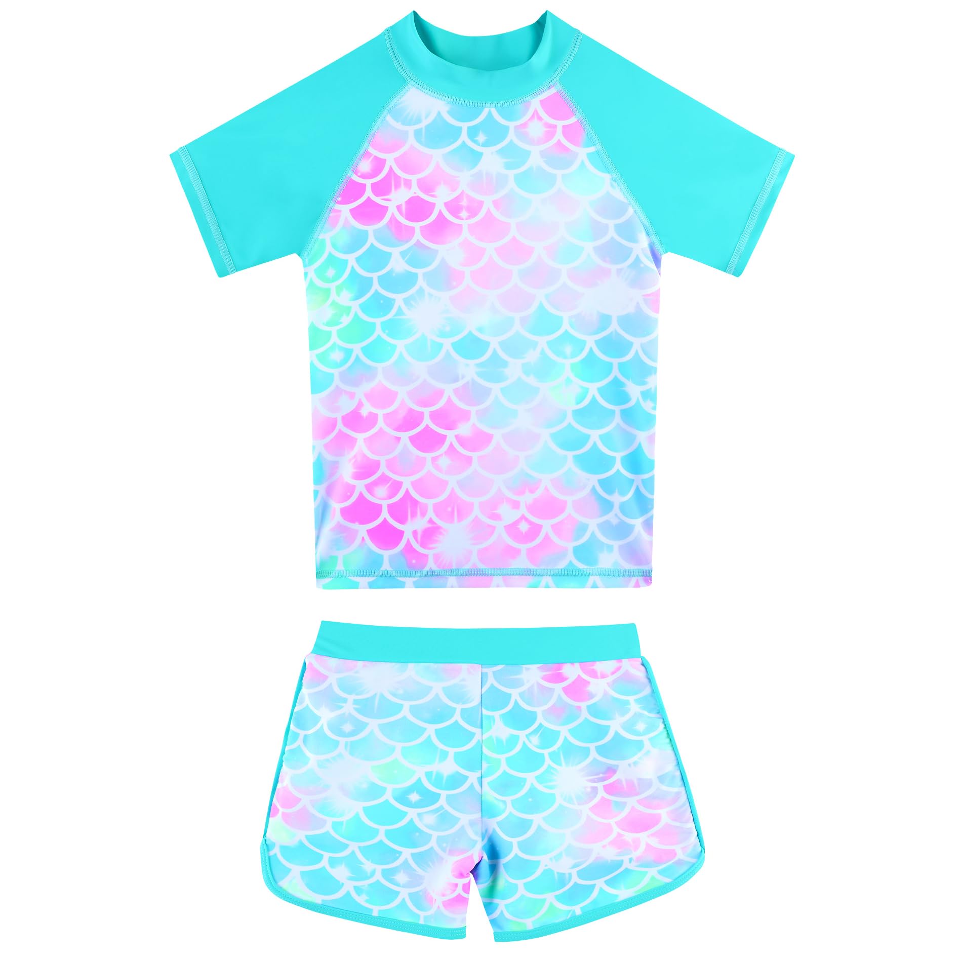BAOHULU Girls Rash Guard Swimsuit Two Piece Bathing Suit UPF 50+ Short Sleeve Summer Beach Swimwear Size 3-14 Years