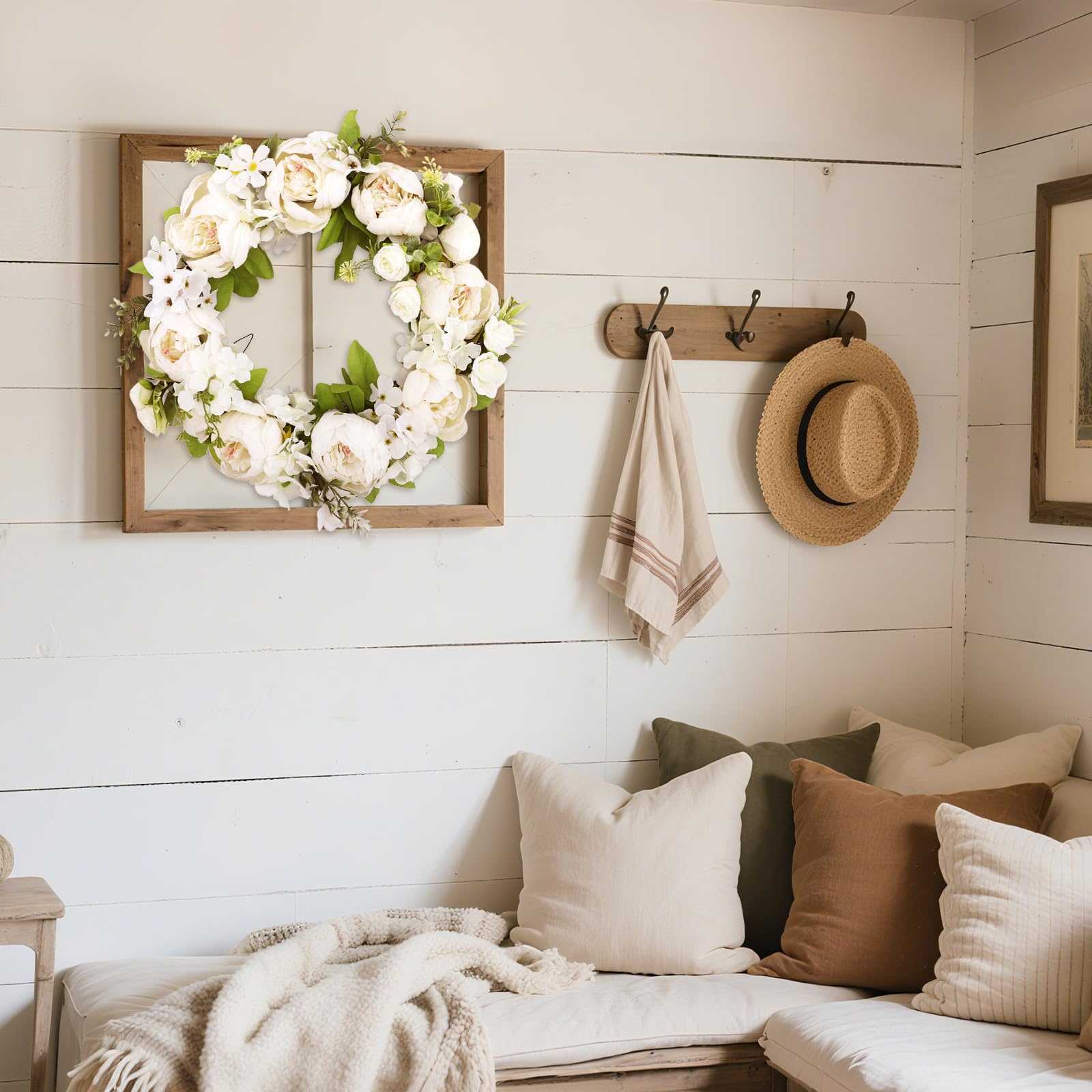 Couronne D'hortensias Artificiels 50 Cm - Décoration Porte, Mur - Printemps, Pâques, Fêtes - Blanc, Durable