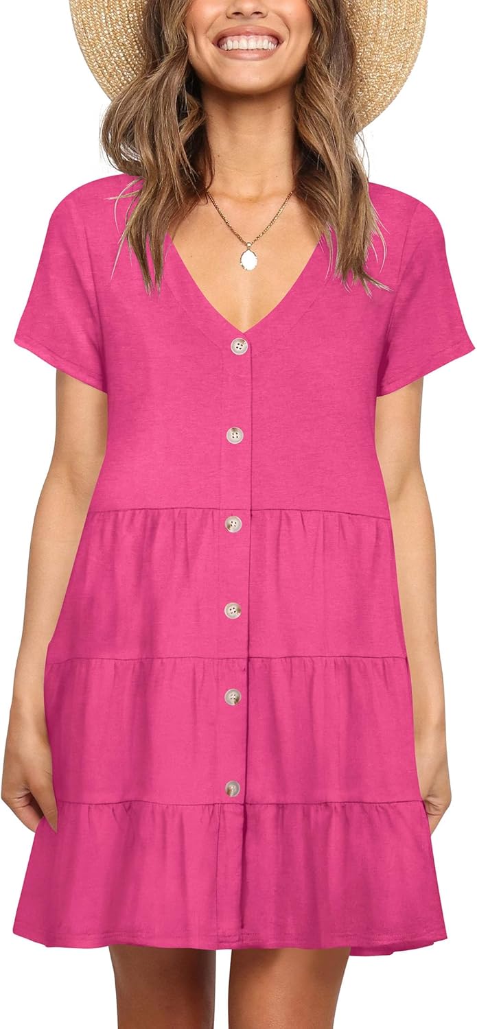 Nova In Sky Women's Summer Dresses 2026 Short Sleeve V-Neck Casual Loose Swing Button Down Casual T Shirt Dresses