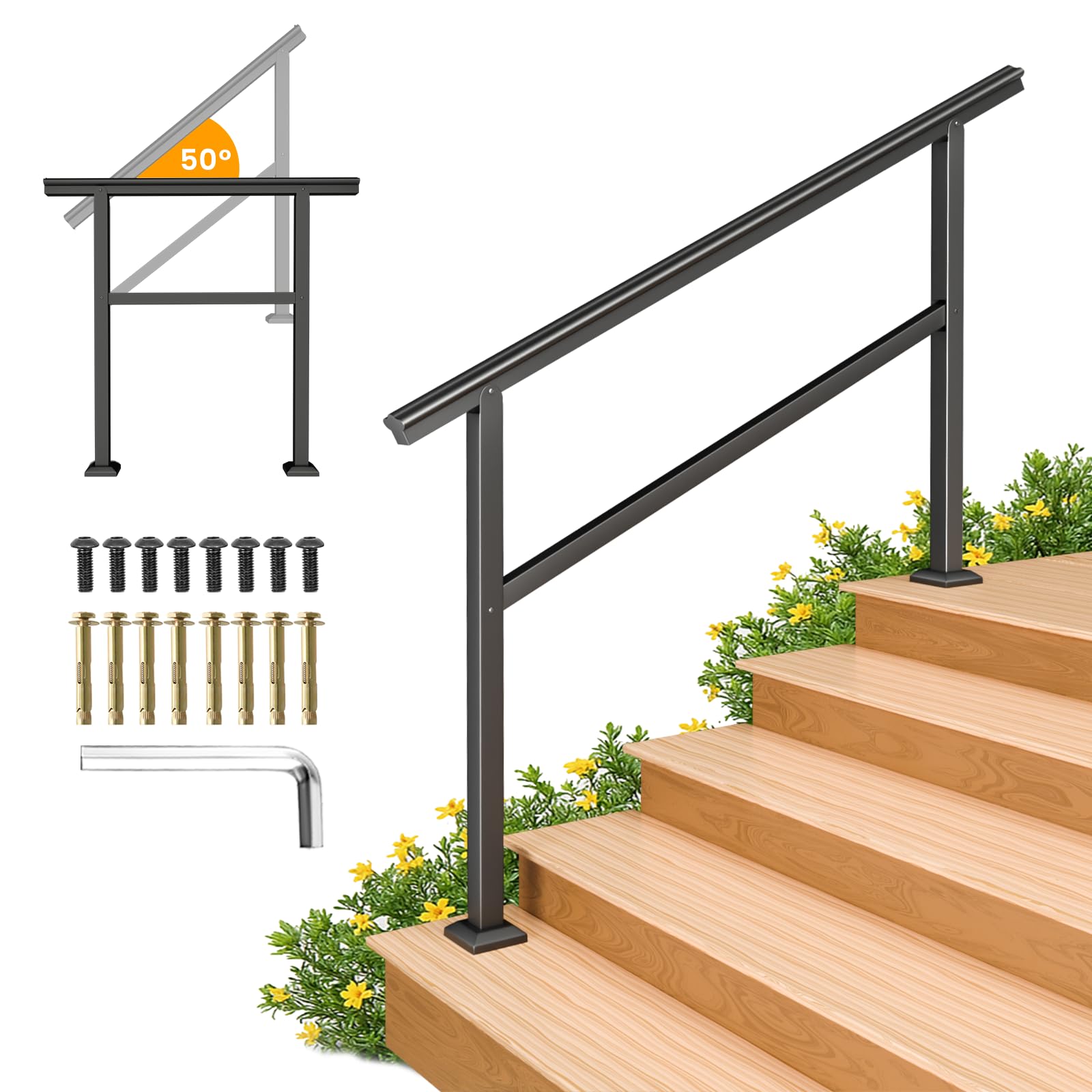 SPACEEUP Hand Rails for Outdoor Steps,5 Step Handrail,60" x 34" Fits 0 to 5 Steps, Outdoor Stair Handrail Kit, Black Railings for Outdoor Steps for Porch Deck,Hand Rails for Seniors