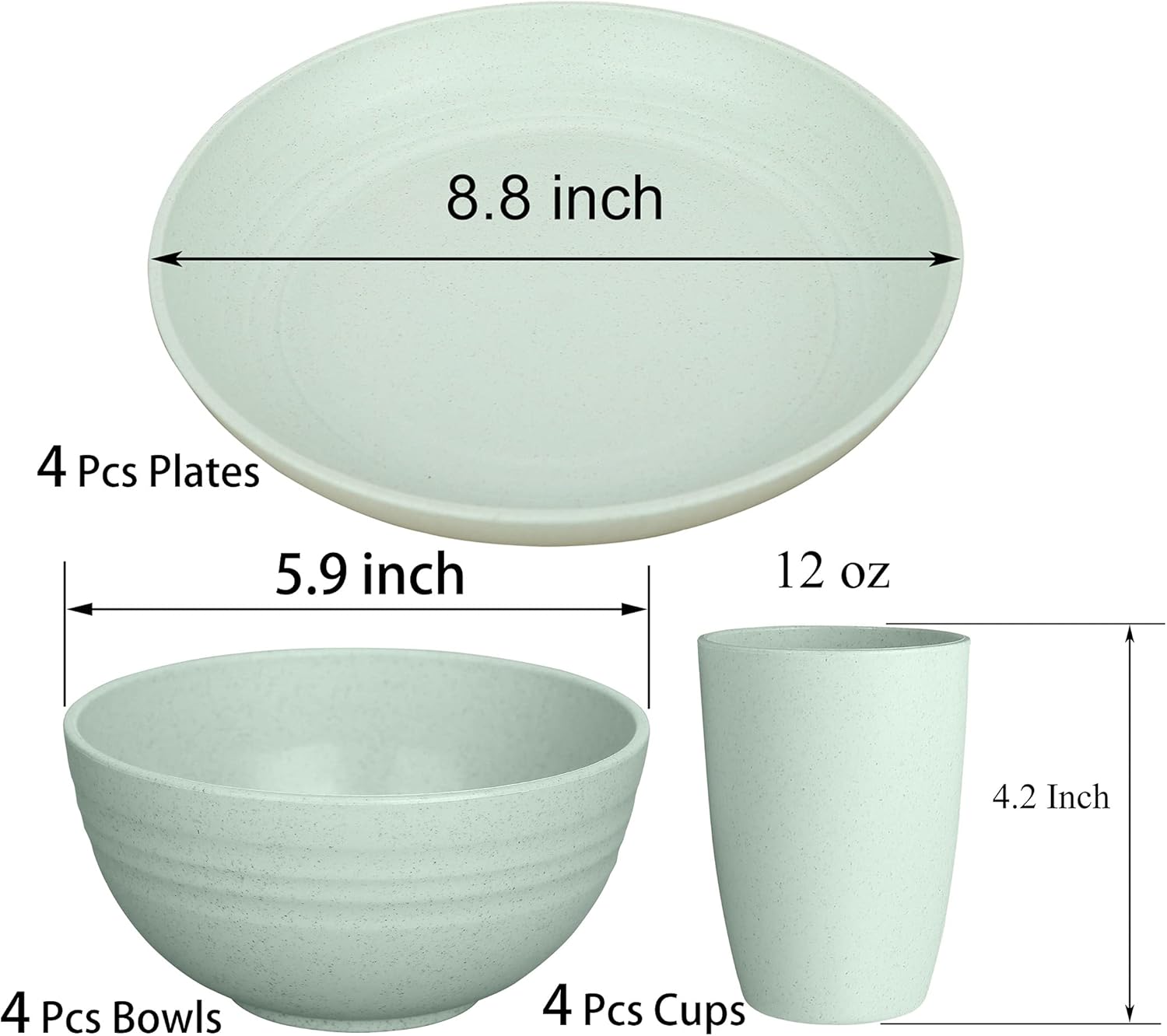 LuckyZone Wheat Straw Dinnerware Sets for 4 (Reusable Plates, Bowls & Cups) - Lightweight Unbreakable Dinner Camping Dishes - Dishwasher & Microwave Safe, Eco Friendly(12Pcs/4Color)