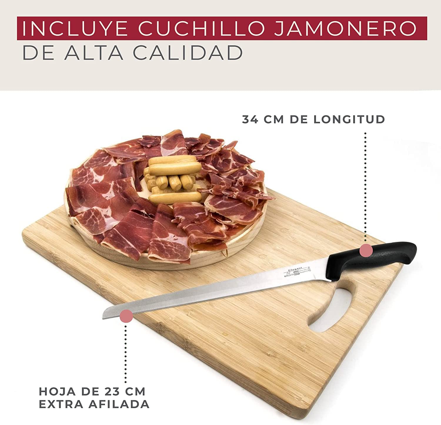 Fackelmann Set Soporte Jamonero Plegable y Giratorio de Bambú con Cuchillo Jamonero 34 cm Nirosta Elegant de Acero Inoxidable y Pinza para Jamón 11 cm de Acero Inoxidable