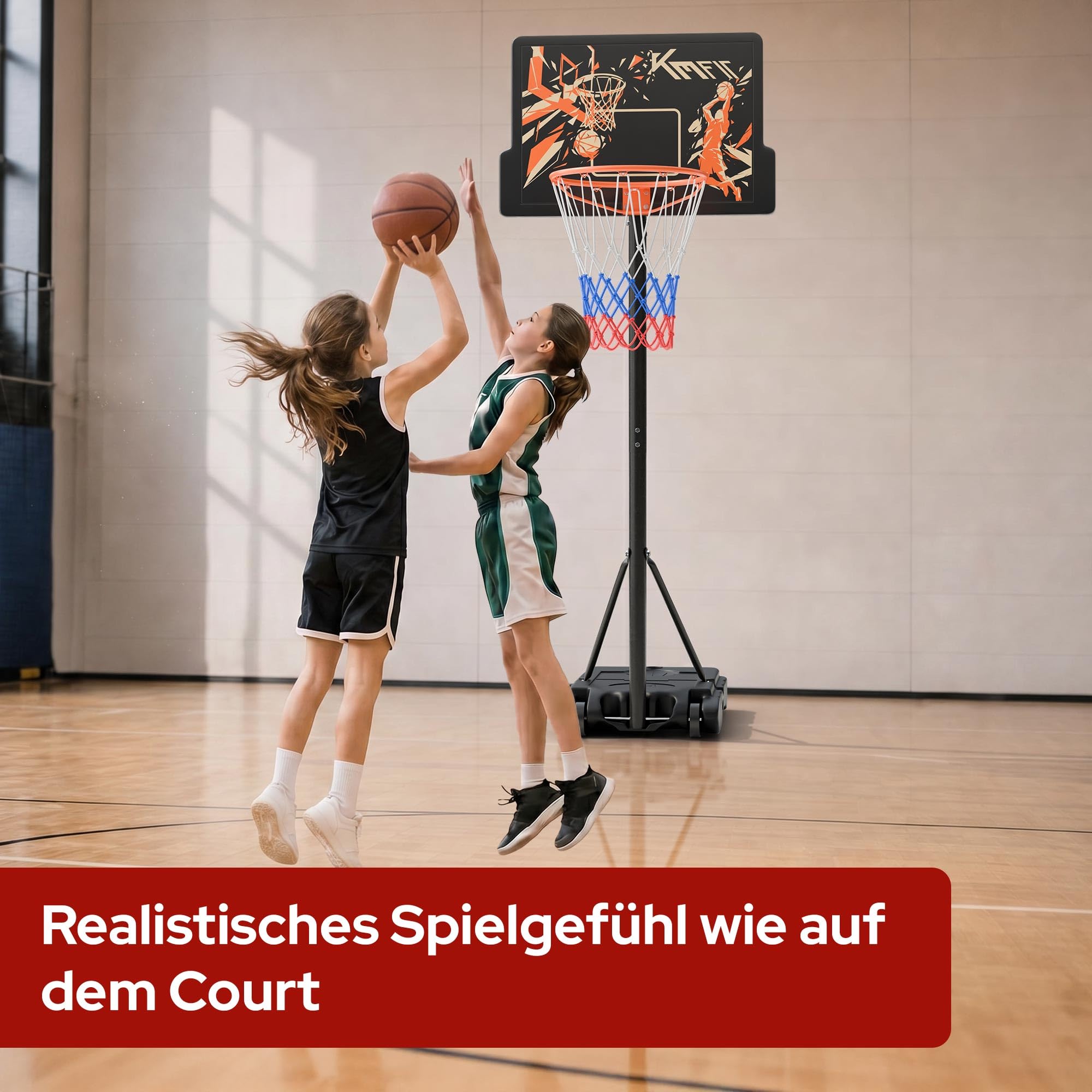 KM-Fit Basketballkorb Outdoor höhenverstellbar 110–210 cm mobiler Basketball Korb mit Rollen & Ballablage inkl. 2 Netze