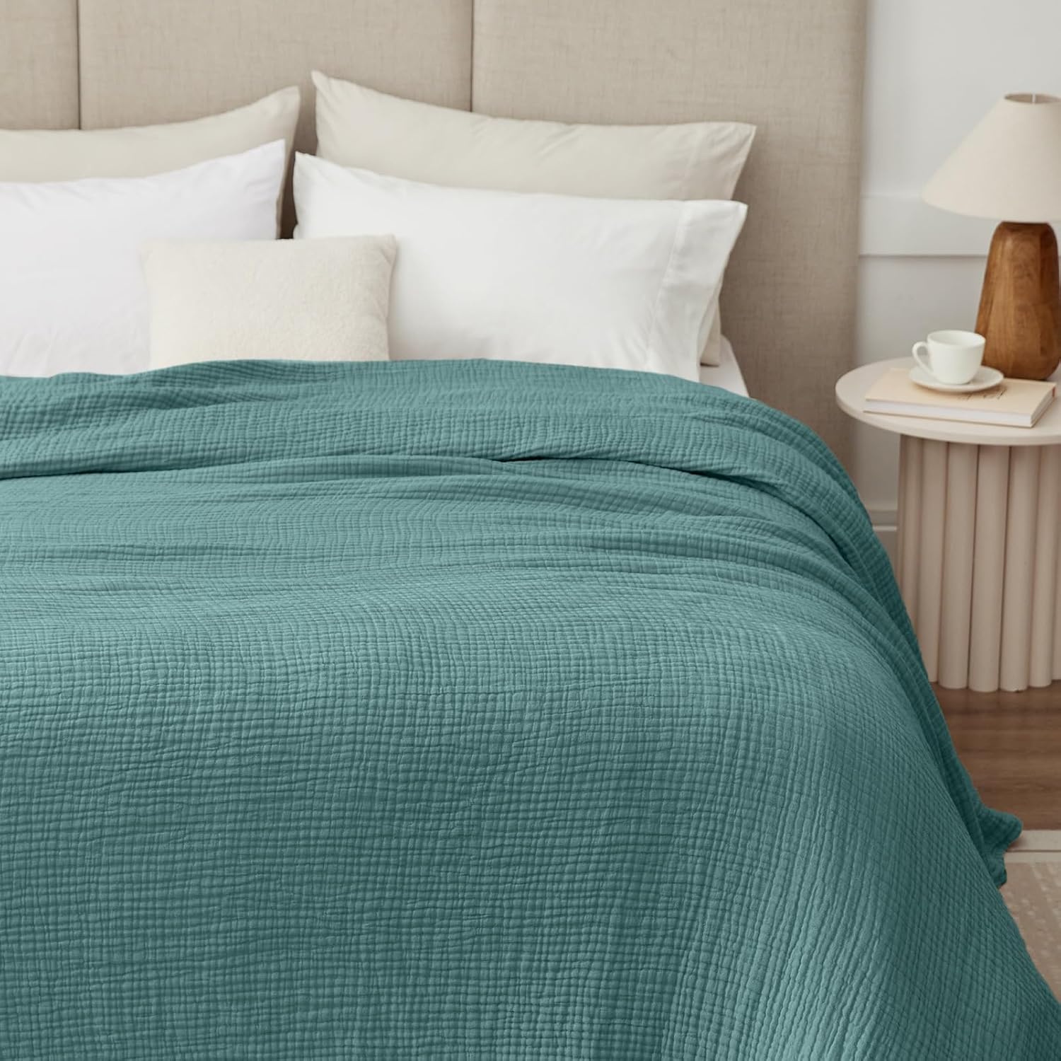 100% Cotton Muslin Blanket Queen 90" x 90", 6 Layers Breathable and Lightweight Cotton Throw Blanket for Bed, Soft Quilt Bedspread Coverlet, Gauze Blanket for Adults All Season, Teal - Image 3