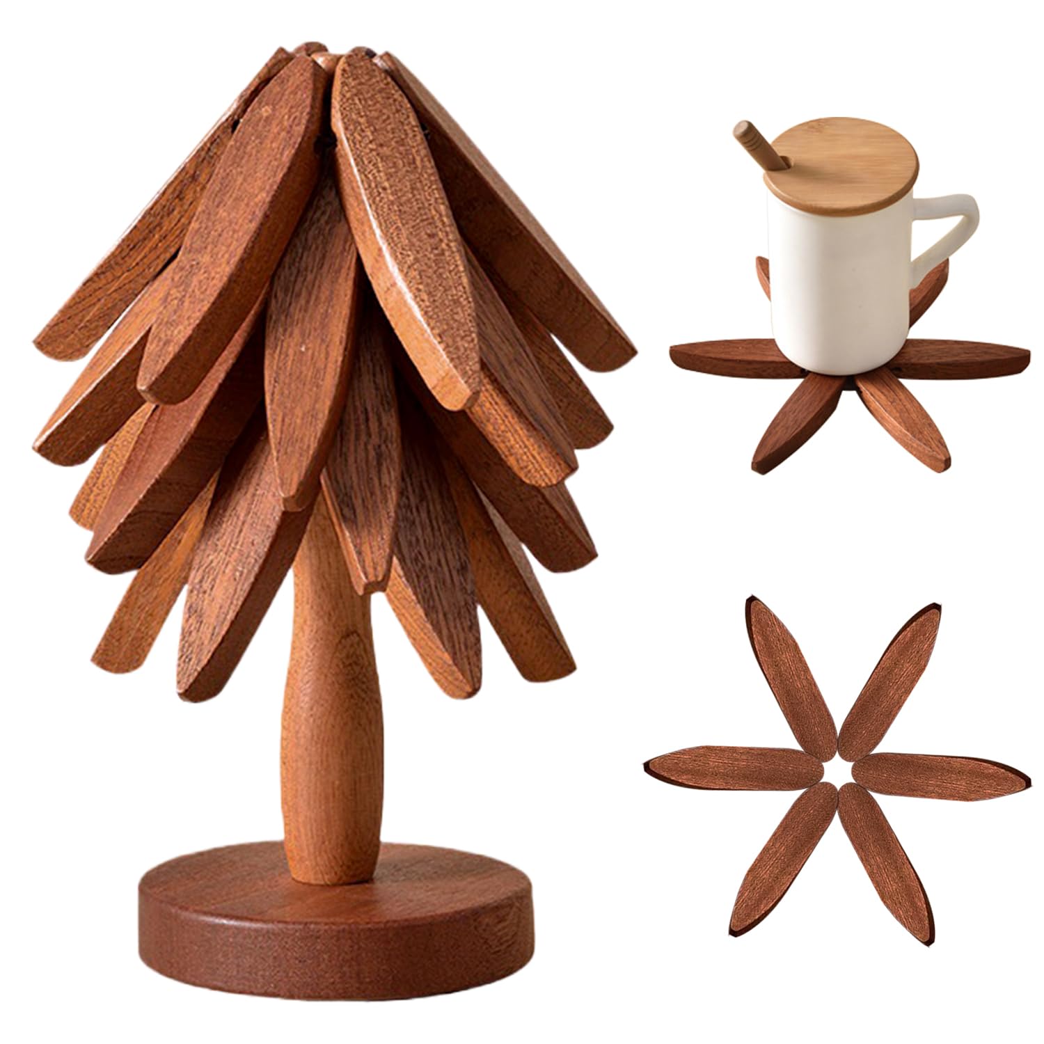 Natural Foldable Black Walnut Wooden Trivet Set - 4 Trivets + 1 Stand for Hot Dishes, Pot, Bowl, Teapot, Hot Pot Holders(Brown)