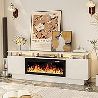 PRETZI 70" White Modern Fireplace TV Stand with 36" Electric Fireplace, LED Lights & Storage for 80" TVs - 2-Tier Living Room Entertainment Center