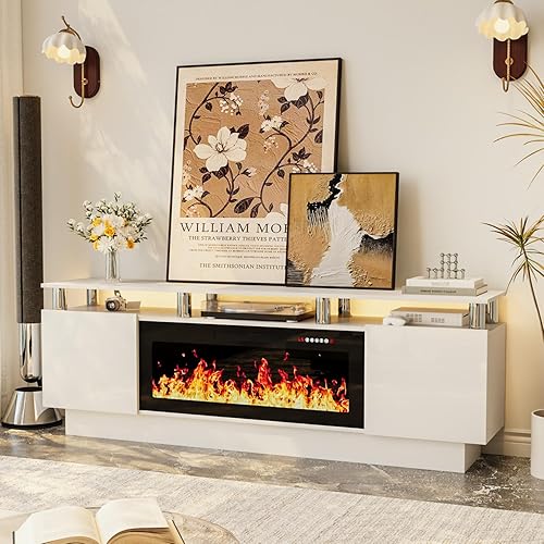 Fireplace TV Stand, 2 Tier 70" LED Entertainment Center with 36" Fireplace for TVs Up to 80", Modern Wood Media with Storage Cabinets for Living Room, White