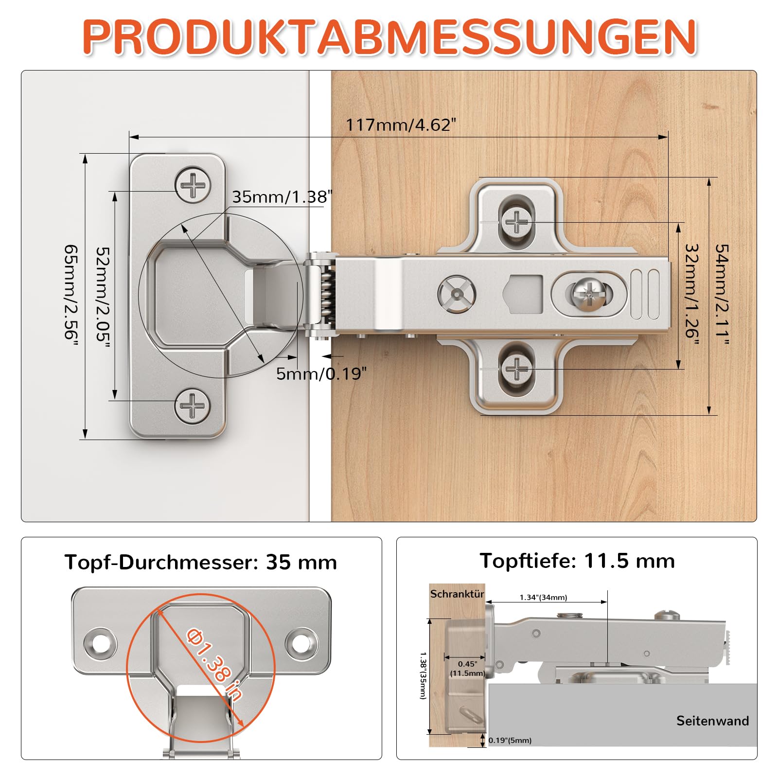 Furniware 2 cerniere ad angolo Softclose, distanza tra i fori di 52 mm, per armadio da cucina, 105 gradi, cerniera a vaso da 35 mm, cerniera per armadio, cerniera per mobili con ammortizzatore
