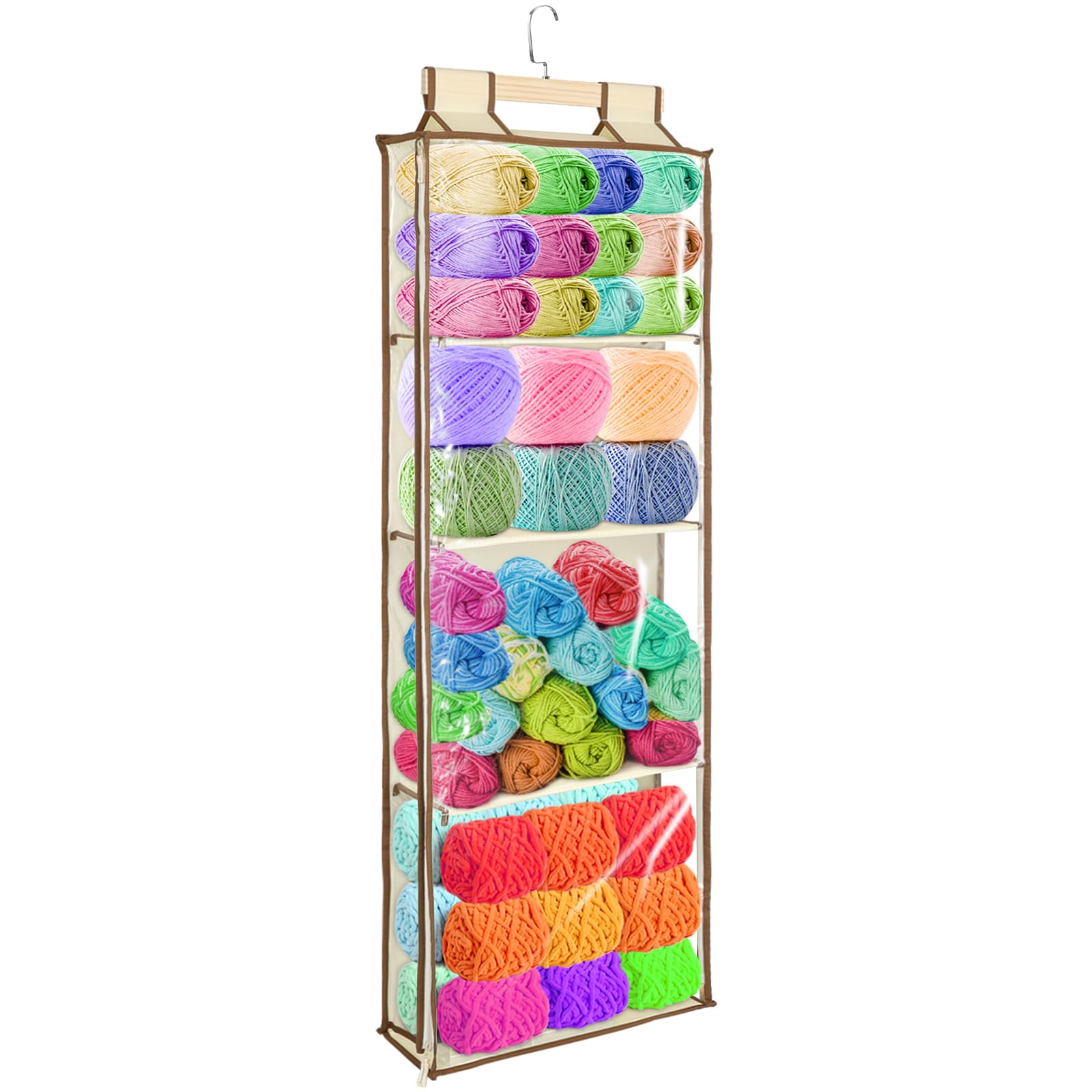 Photo 1 of Clear Hanging Yarn Storage with 4 Large Pockets, 48"x17" Clear Knitting Organizer Storage with Zippers for Crochet Lovers, Hanging Yarn Holder with Over-Door Hooks for Knitting Needles Crochet Hooks