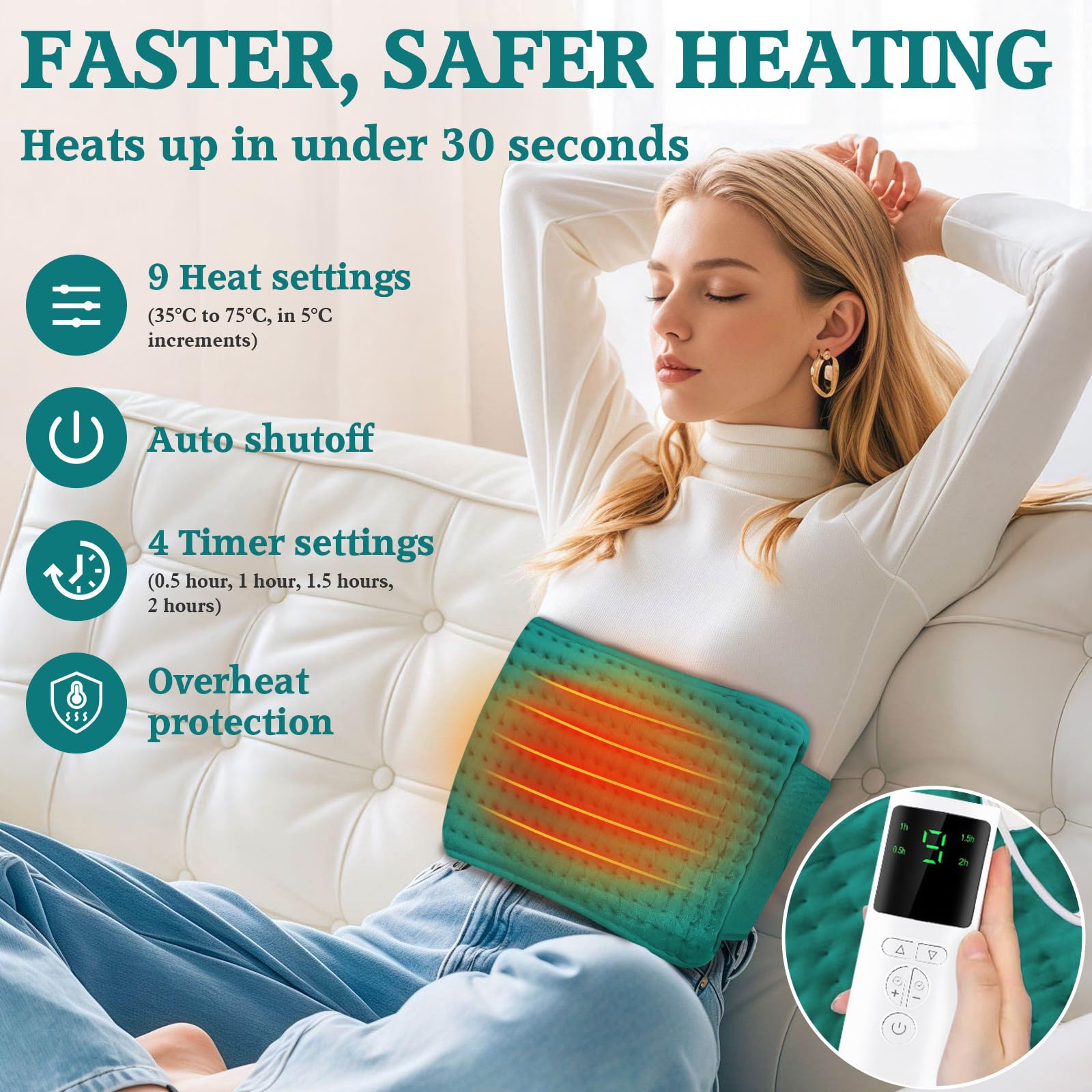 Manta Eléctrica Lumbar,125x30cm (Zona Calefactable 59x30cm),con 9 Niveles de Temperatura,4 Temporizadores,Apagado Automático,Lavable,Almohadilla Térmica Eléctrica para Espalda/Cuello/Abdomen