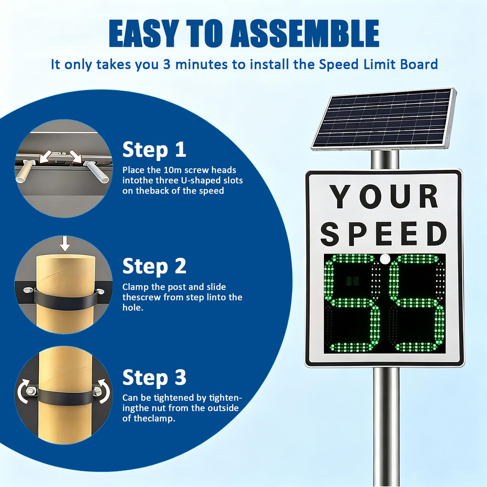 Cartel de Velocidad Radar Solar, 23.6"x35.4" Señal Digital de Límite de Velocidad, IP65 Resistente al Agua, Carcasa de Aluminio, Límite Ajustable, 2 Dígitos LED, para Control de Tráfico