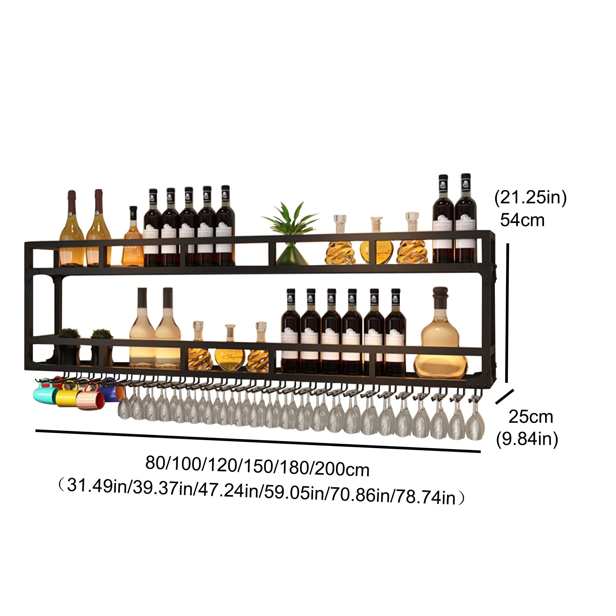 Botellero Vino Pared con Luz Mueble Bar Garrafeira Mini Bar Wine Rack Mueble Comedor Cocina con Soporte Copas Colgante Estantes de Almacenamiento para Bar Sala de Estar y Cocina(Black,2 LAYERS_150CM(5