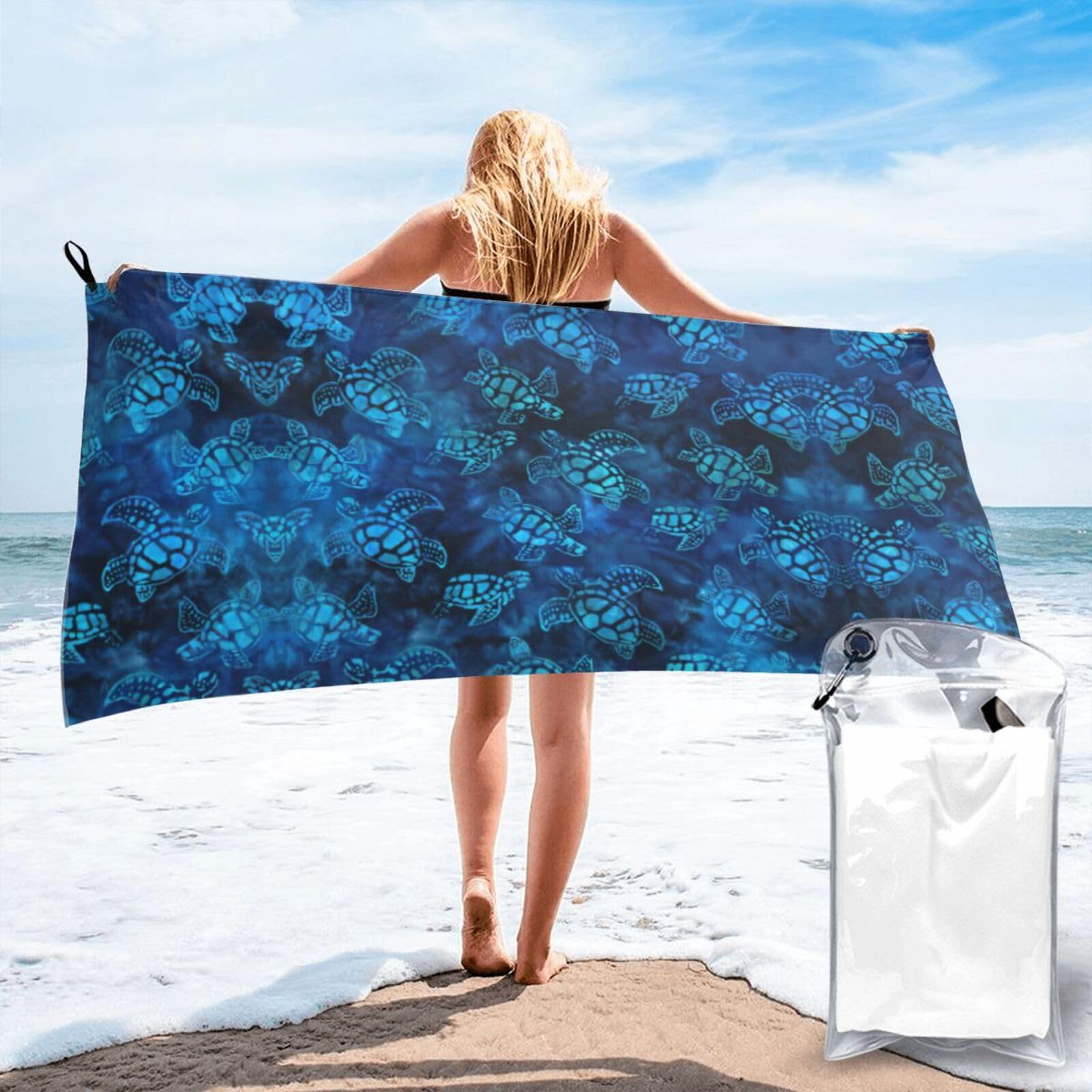 SDEGTHO Sea Turtle-Blue Print Beach Towel Quick Dry Portable For Swimming Yoga Adults Fitness