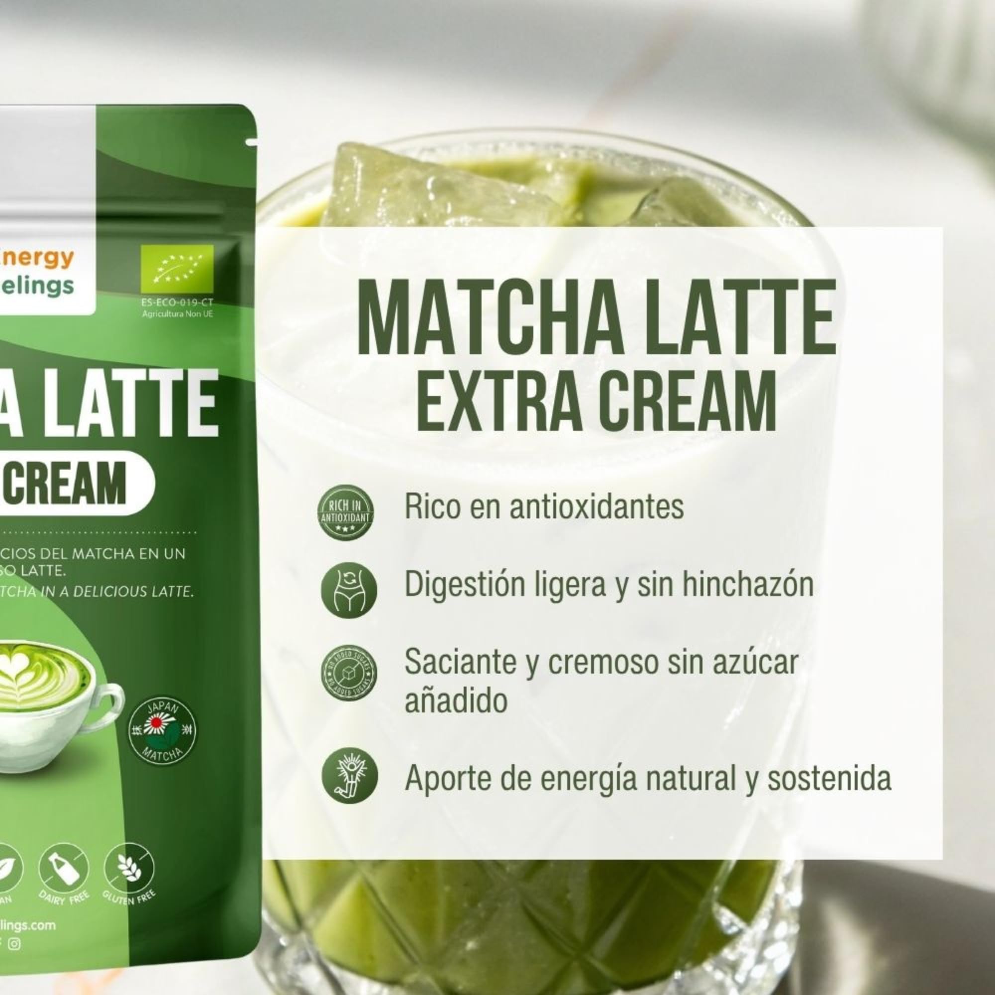 Matcha Latte Ecológico Extra Cream 500g, Té Matcha Japonés Premium en Polvo, Sin Gluten, Sin Azúcares Añadidos, Vegano