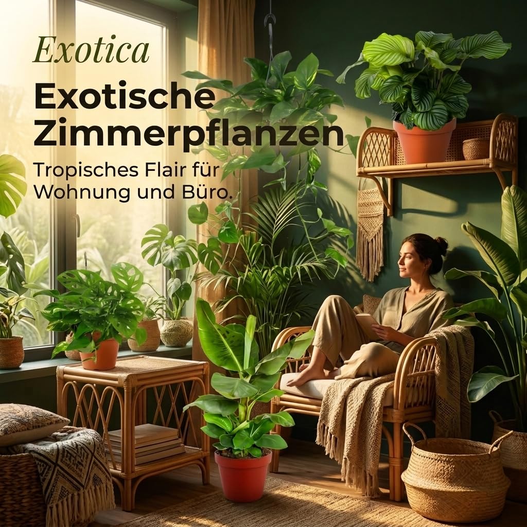 “Exotica” Pflanzenset | 6er-Set | Monstera, Musa, Calathea, Adansonii, Efeutute, Sansevieria | ca. 25-50 cm | Ø 12-15 cm Topf | Exotische Zimmerpflanzen für Wohnung und Büro
