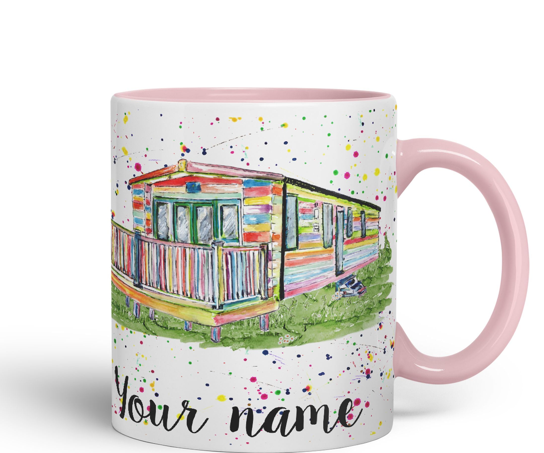 Vixar Personalised with Your Text Watercolour Caravan Static Holiday Homert Coloured Ceramic Mug Cup Gift 330ml 11oz Custom Work Office Tea Coffee (Pink)