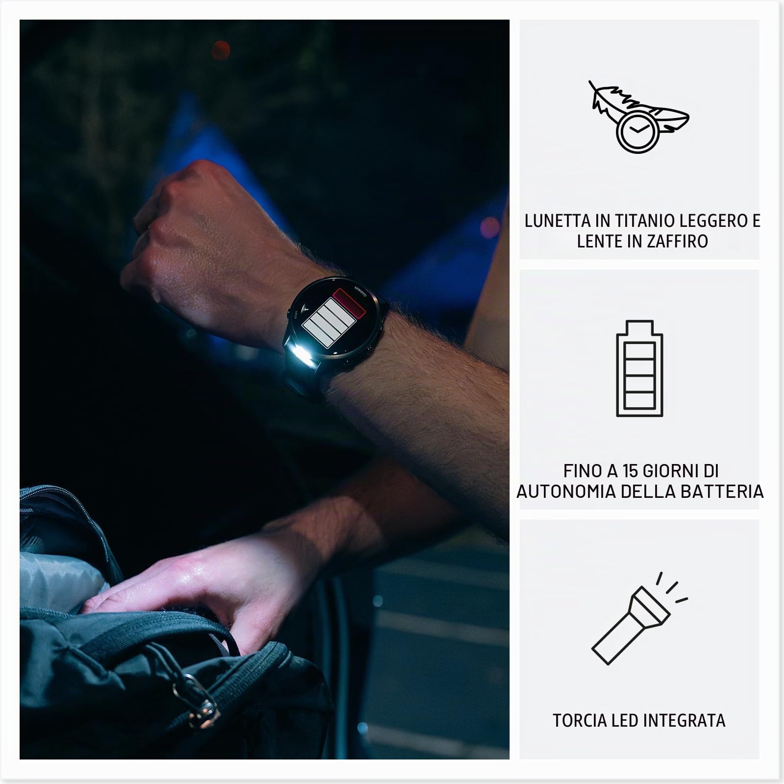 Garmin® Forerunner® 970 Premium GPS Running e Triathlon Smartwatch, display AMOLED, torcia LED integrata, grigio carbonio DLC titanio con cassa nera e cinturino nero traslucido Whitestone