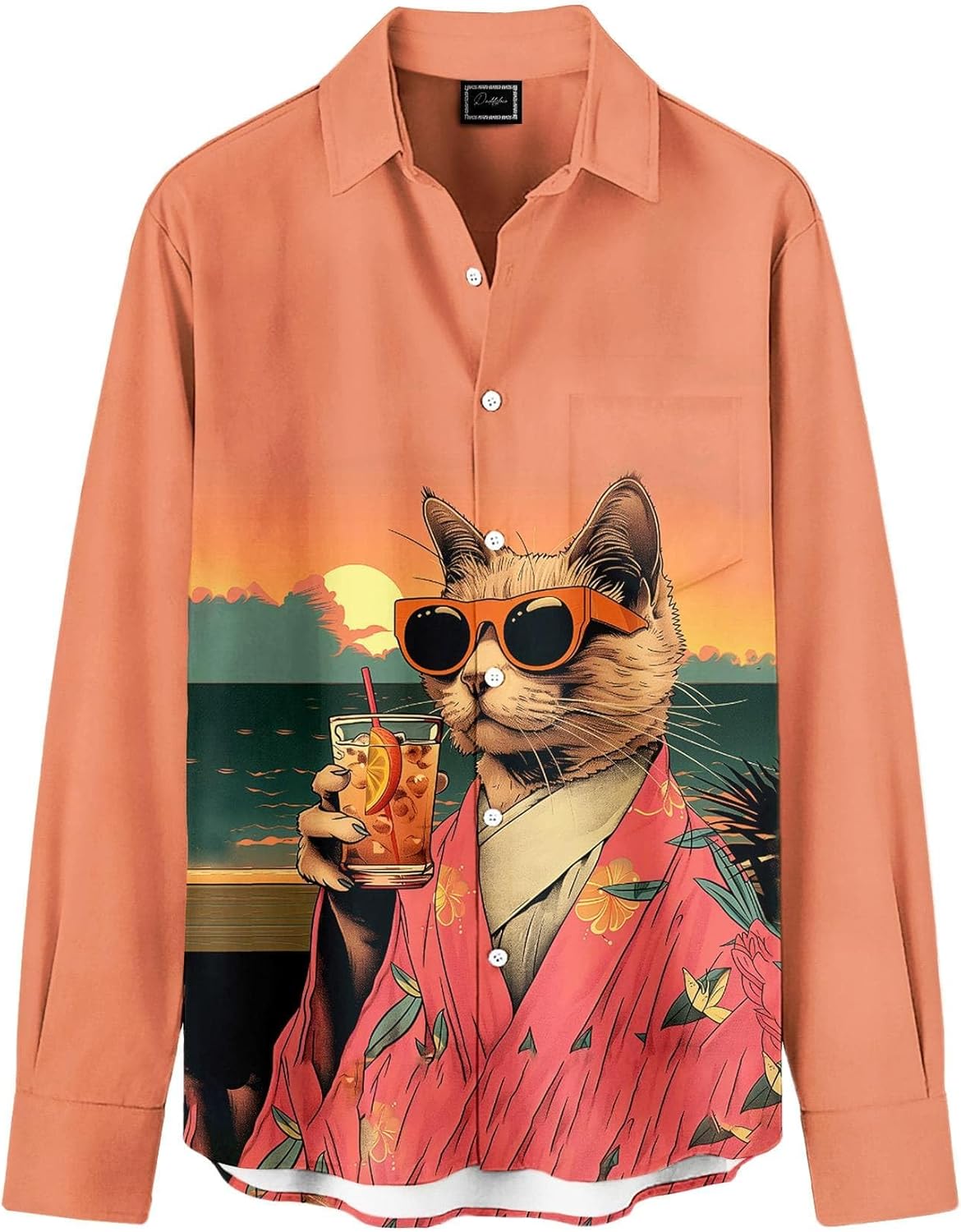 Men's Long Sleeve Hawaiian Shirt, Novelty Graphic Print, Casual Vacation Wear, Tropical Button Down