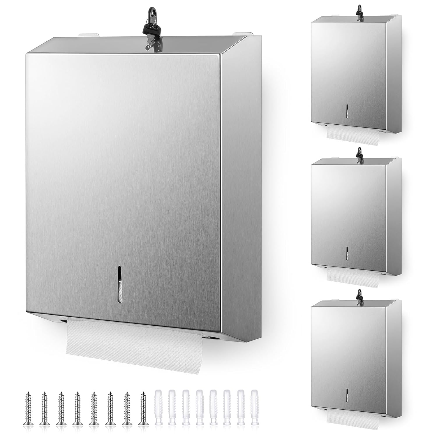 Shimeyao 4 Pcs Paper Towel Dispenser Wall Mount Bulk Stainless Steel Commercial Hand Towel Dispenser with Lock, Large Capacity 400 C Fold/500 Multifold Towels for Bathroom, Restroom and Public Place