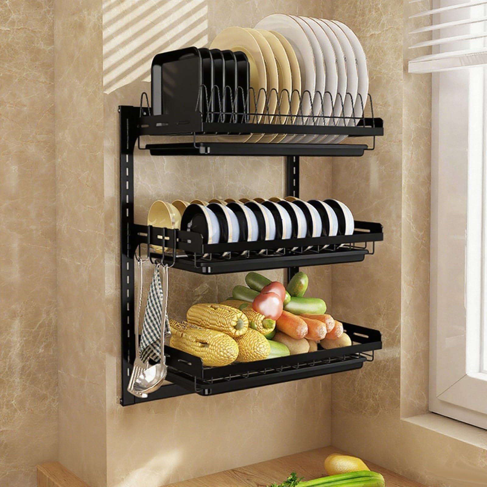 NBMfdSRY plate rack, 3-Tier Kitchen Drying Rack Black Space-Saving Storage Solution for nization