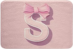 jejeloiu Kawaii Pink Bow Bath Mats for Bathroom,16"x24",Teen Girl Gifts Monogrammed Bathroom Rugs,Ultra Soft Personalized Initial S Bath Rugs for Shower Tub Dreamy Bow,Floor Doormats
