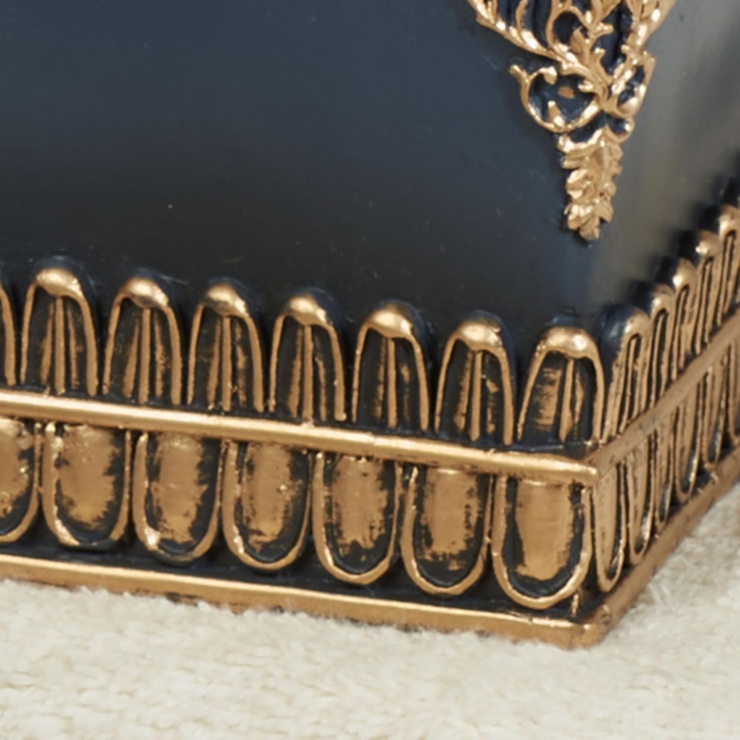 Palecia Navy Blue Tissue Box Cover for Bathroom | Elegant Resin Square Tissue Holder with Gold Fleur-de-Lis Accents and Egg and Dart Motif | 6.5" Sq. x 6" H | Decorative Bath Accessory