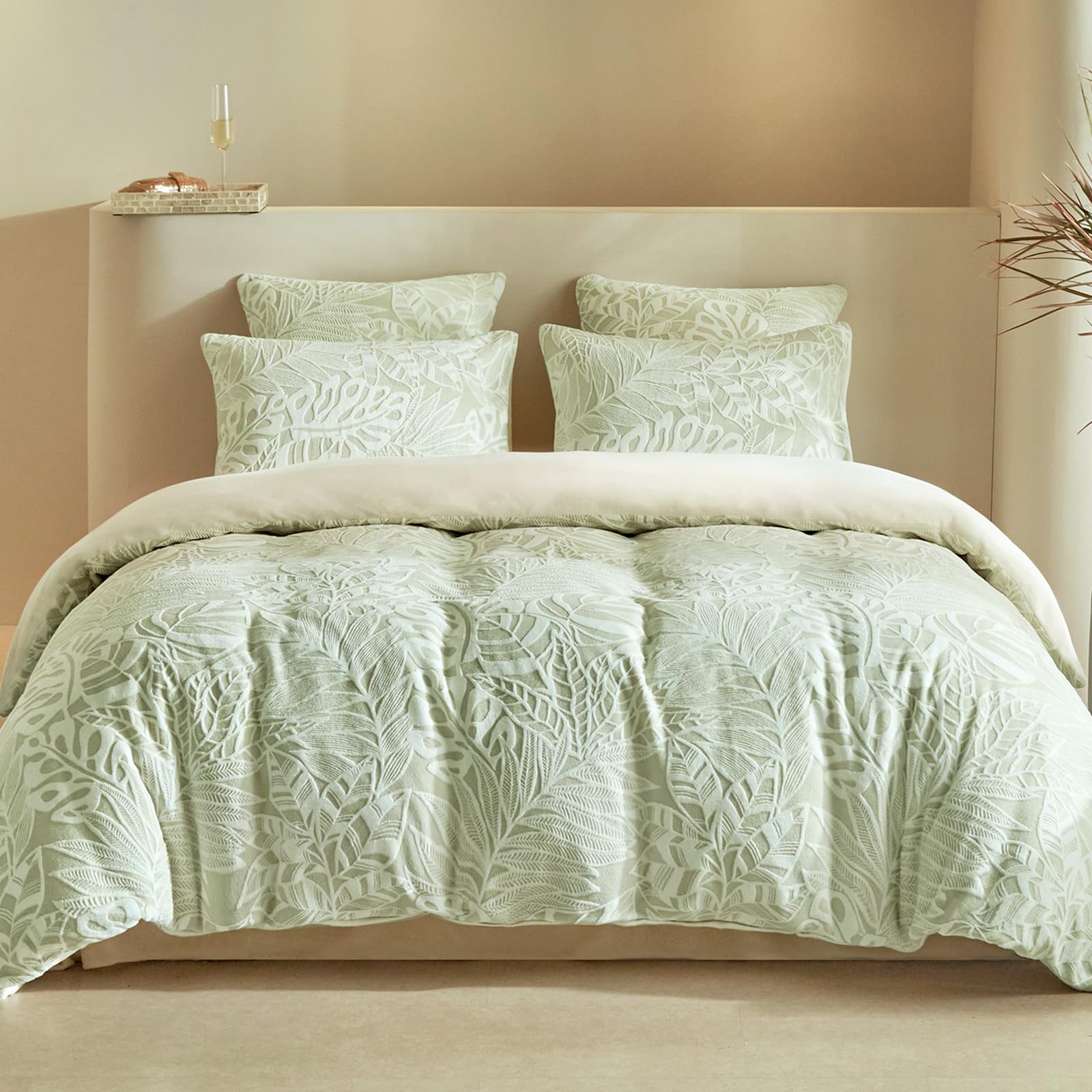 Tokokimo Ropa de cama de felpa de 240 x 220 cm, cálida ropa de cama de invierno con cremallera y 2 fundas de almohada de 65 x 65 cm, color verde claro