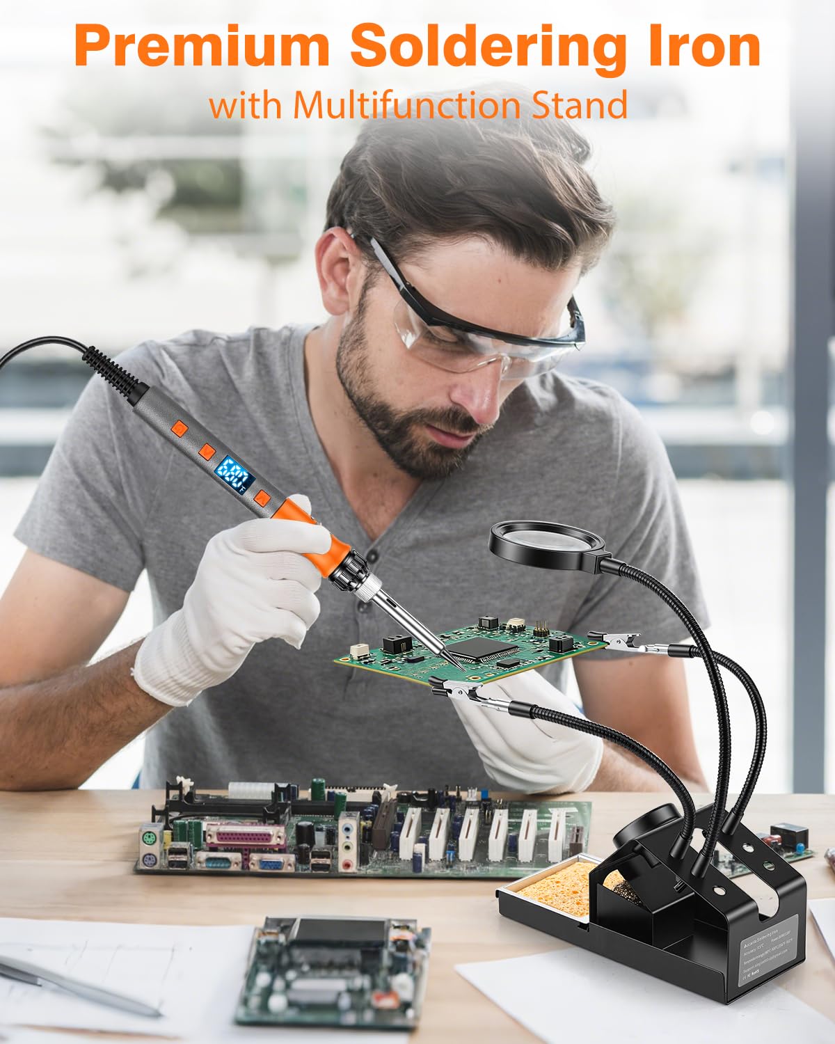 Kit de fer à souder numérique LCD haute puissance 100 W, outil de soudure à chauffage rapide avec loupe et mains aidantes, pointes de fer, fil à souder, pince à épiler, mode veille automatique