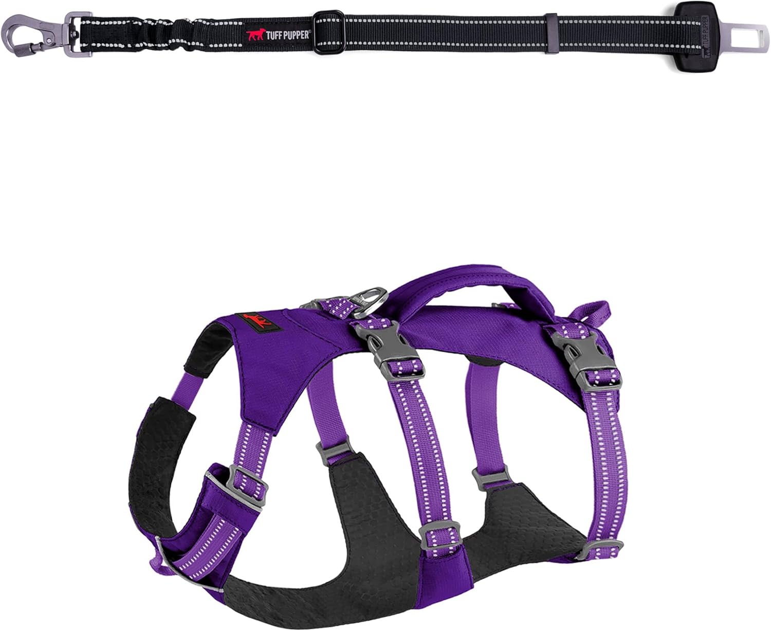Tuff Pupper Escape Proof Dog Harness & Seat Belt Bundle | Adjustable No-Pull Harness with Lift Handle & Reflective Trim | Shock-Absorbing Dog Seatbelt with Locking Carabiner for Car Safety