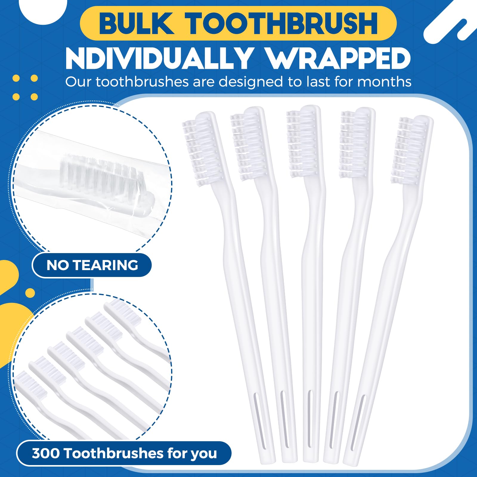 Baderke 300 spazzolini da denti confezionati singolarmente, monouso, manuale, usa e getta, con setole morbide, spazzolino da denti da viaggio, per donne, uomini, adulti, senzatetto, hotel (bianco)
