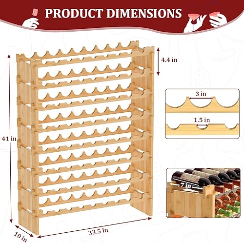 Miniatura 4 de Domax Estante de vino independiente para piso, madera de bambú, apilable, 8 niveles, 72 soportes para botellas de vino, estantes de almacenamiento