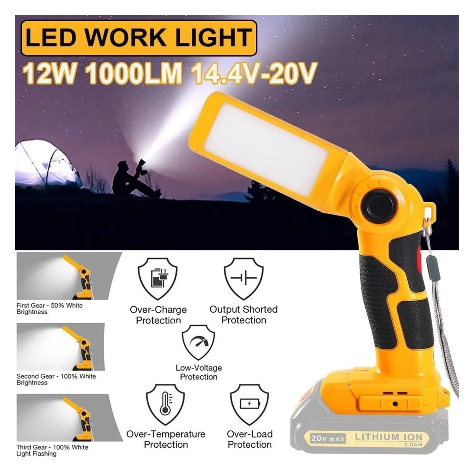 Foco De Trabajo LED 20 V, 1000 LM, Inalámbrico, Mano, For Escritorio, Iluminación For El Lugar, Linterna For Acampar, Lámpara For Exteriores Sin Batería Brillo Ultra Alto