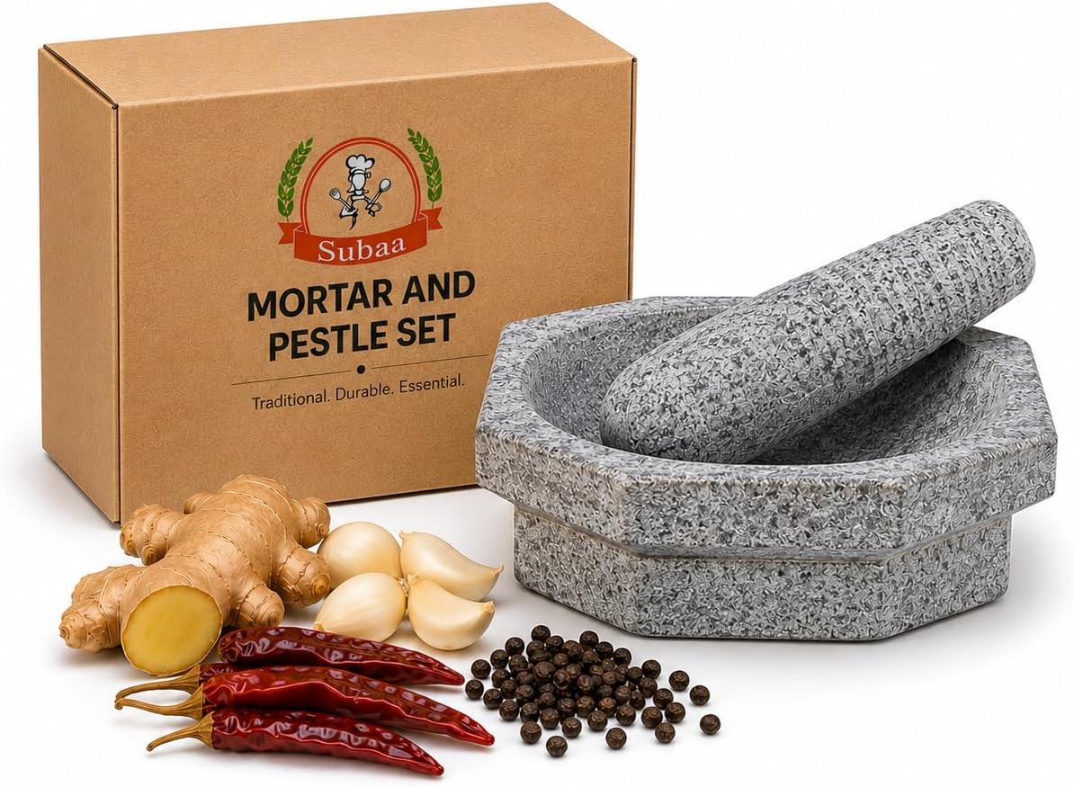 Granite Mortar and Pestle Set Kalvam for Grinding Whole Spices-8 inch | Kitchen Essential Okhli/ Khalbatta Ideal For Crushing Herbs, Masala, Pastes & Seasonings Hand Wash Only