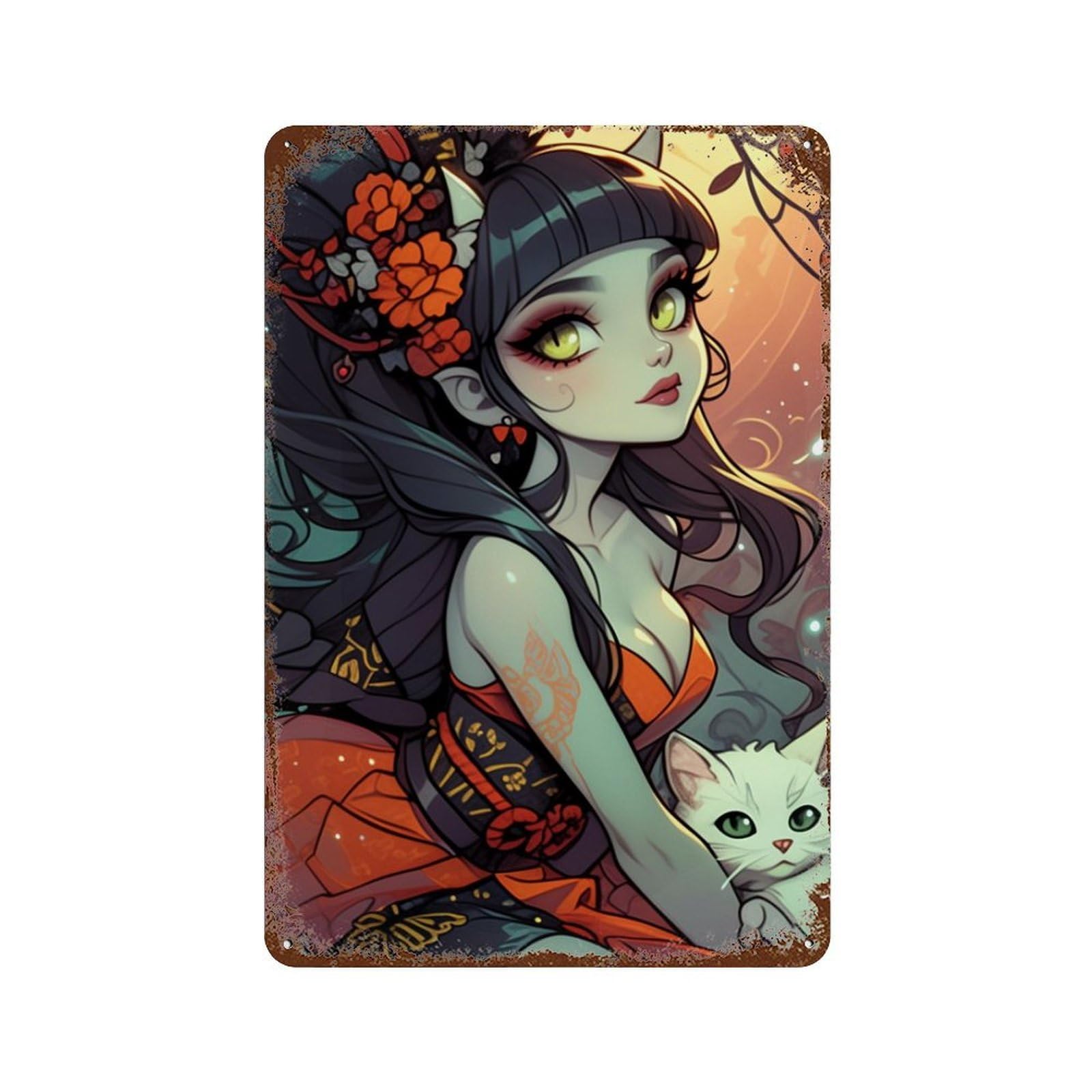 Geisha with Cat Illustration Rusty Metal Tin Sign 11.8"x7.9", Ideal for Patio, Garden Room And Bar Decor