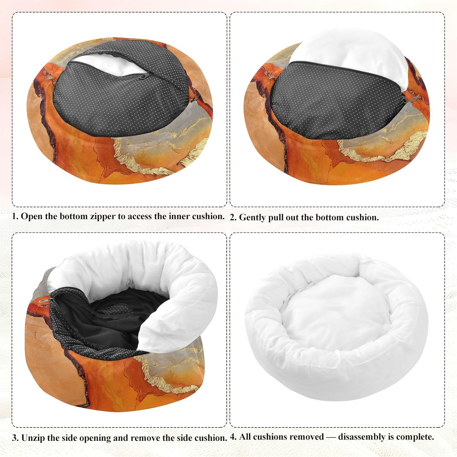 Marble Orange Gold Pet Dog Bed Anxiety Relief Dog Pillow Bed for Small Size Pets Sleeping M