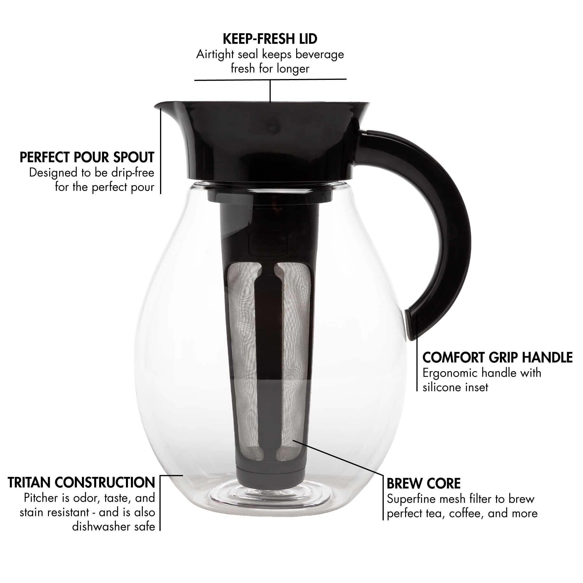 Primula The Big Théière glacée et infuseur en plastique avec couvercle hermétique, filtre réutilisable en maille fine, fabriqué sans BPA, passe au lave-vaisselle, noir