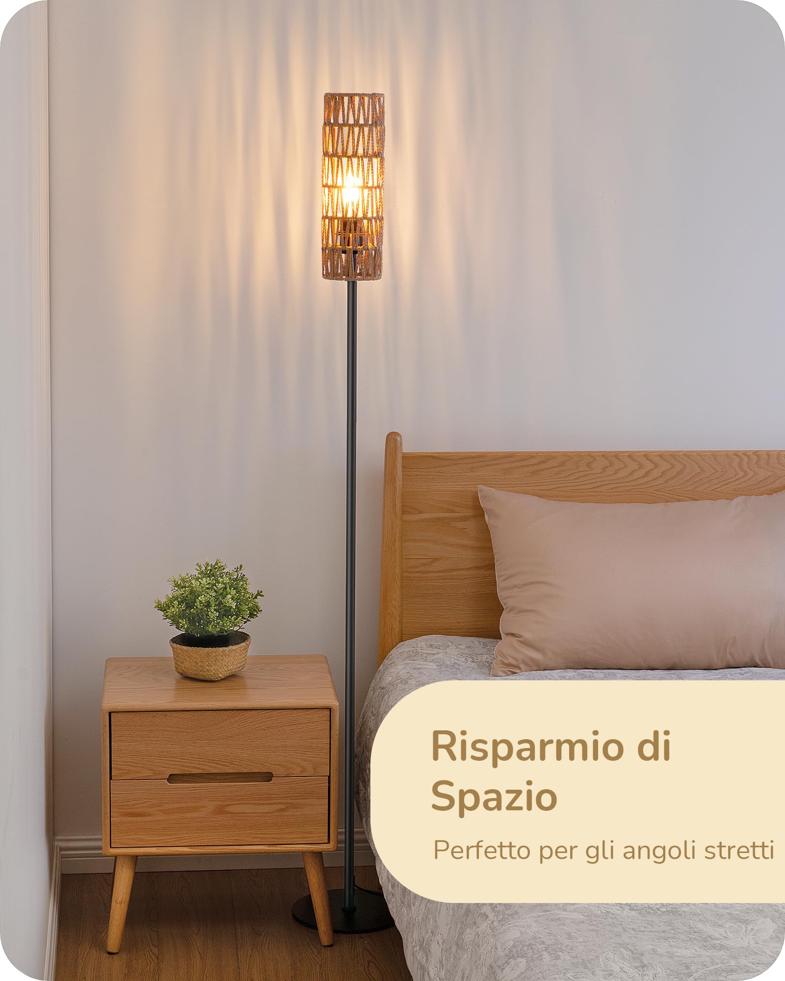 EDISHINE Lampada da Terra con Paralume in Corda Intrecciata, E27 Lampadina LED 2700K Luce Calda Inclusa, Interruttore a Pedale, Lampada da Terra Moderna per Soggiorno, Camera, Ufficio, 165 cm…