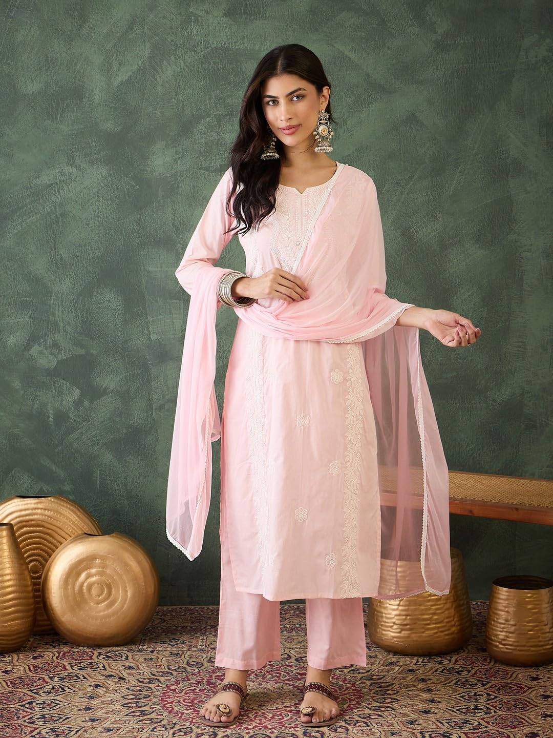 LookMark Set kurti da donna in misto cotone ricamato con kurti dritto Dupatta con pantaloni etnici tradizionali