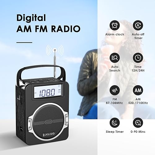 Miniatura 6 de Radio portátil AM FM Radios digitales reloj radio con Bluetooth 5 vatios altavoz recargable AM FM Radios enchufe en la pared funciona con pilas,