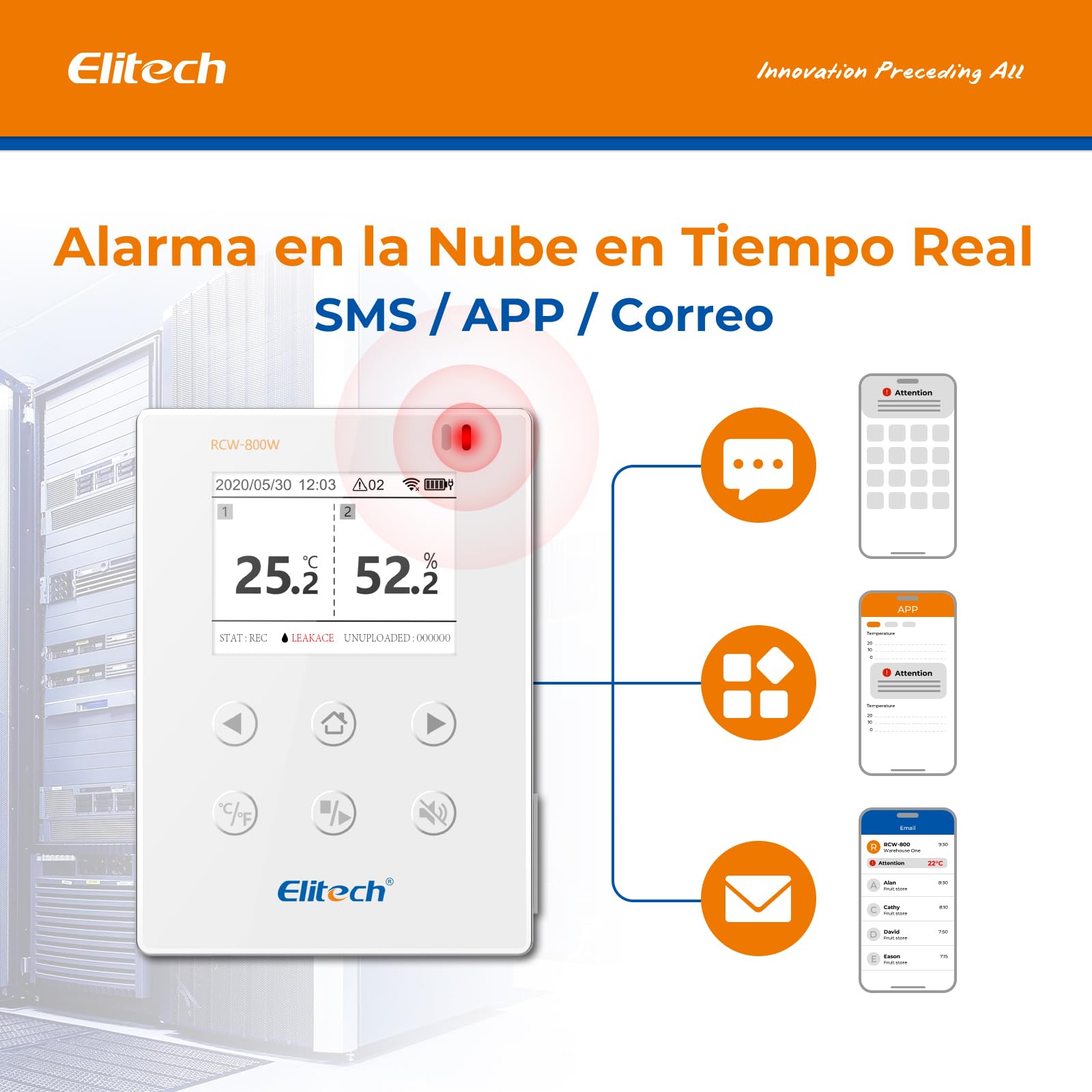 Elitech Registrador de datos WiFi en tiempo real de 2,4 G/5 G Hz para temperatura y humedad con detector de fugas de agua, almacenamiento de datos en la nube, alarmas SMS/correo electrónico/aplicación
