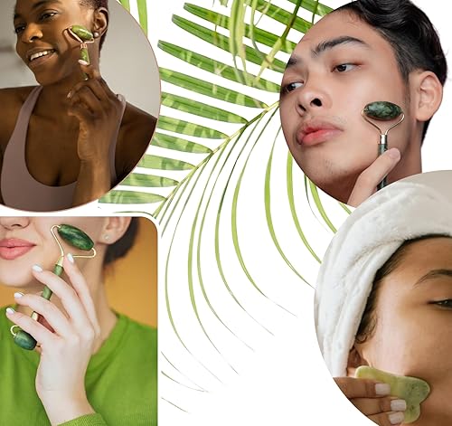 Miniatura 3 de Rodillo facial y juego de Gua Sha, rodillo facial de jade para el cuidado de la piel, rutina de cuidado personal, masajeador para cara, cuello y
