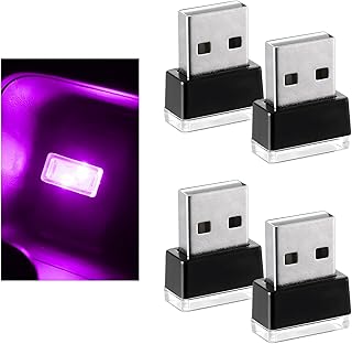USB LED 자동차 내부 분위기 램프 4개, 플러그인 USB 인터페이스 LED 야간 조명 장식, 미니 휴대용 주변 조명 키트 범용 내부 액세서리 대부분의 자동차용 (퍼플)