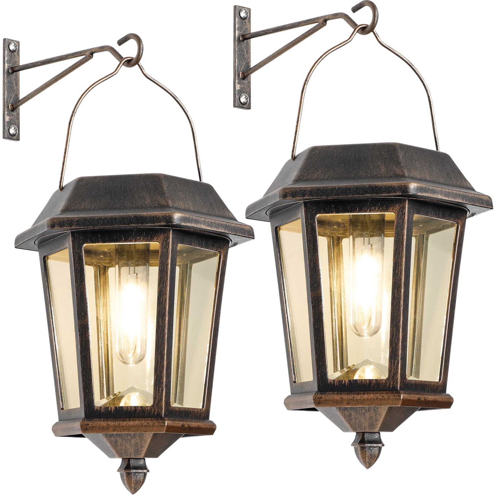 2 Pack Solar Lights Outdoor Waterproof, Metal Glass Solar Lanterns with Wall Mount Kits, Outdoor Solar Wall Lights for Outdoor Porch, Yard, Patio Decor
