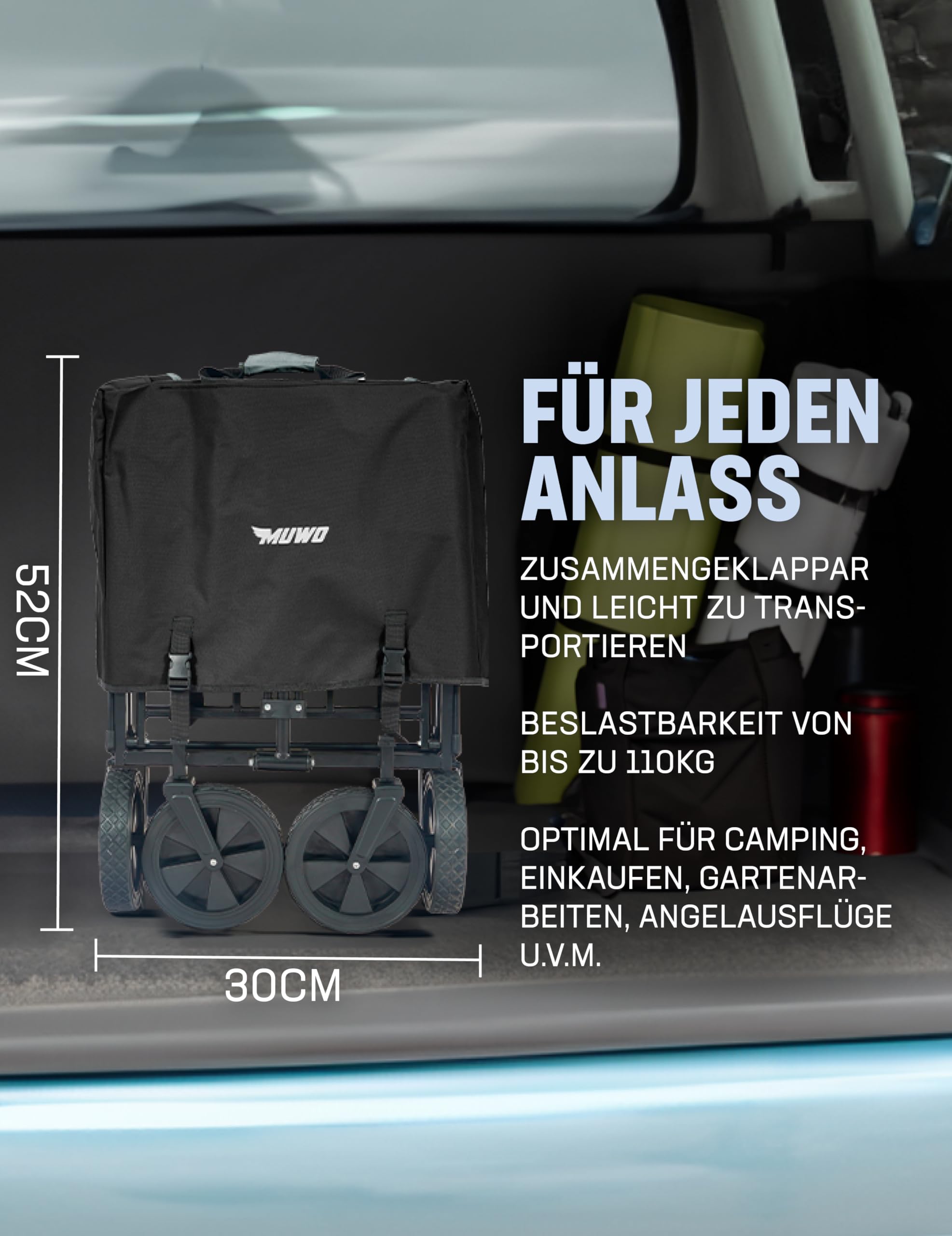 MUWO Carro plegable de 90 x 52 x 55 cm, carro de mano para un transporte cómodo con hasta 100 litros de volumen, soporta hasta 110 kg y ruedas delanteras giratorias 360° (azul/negro)