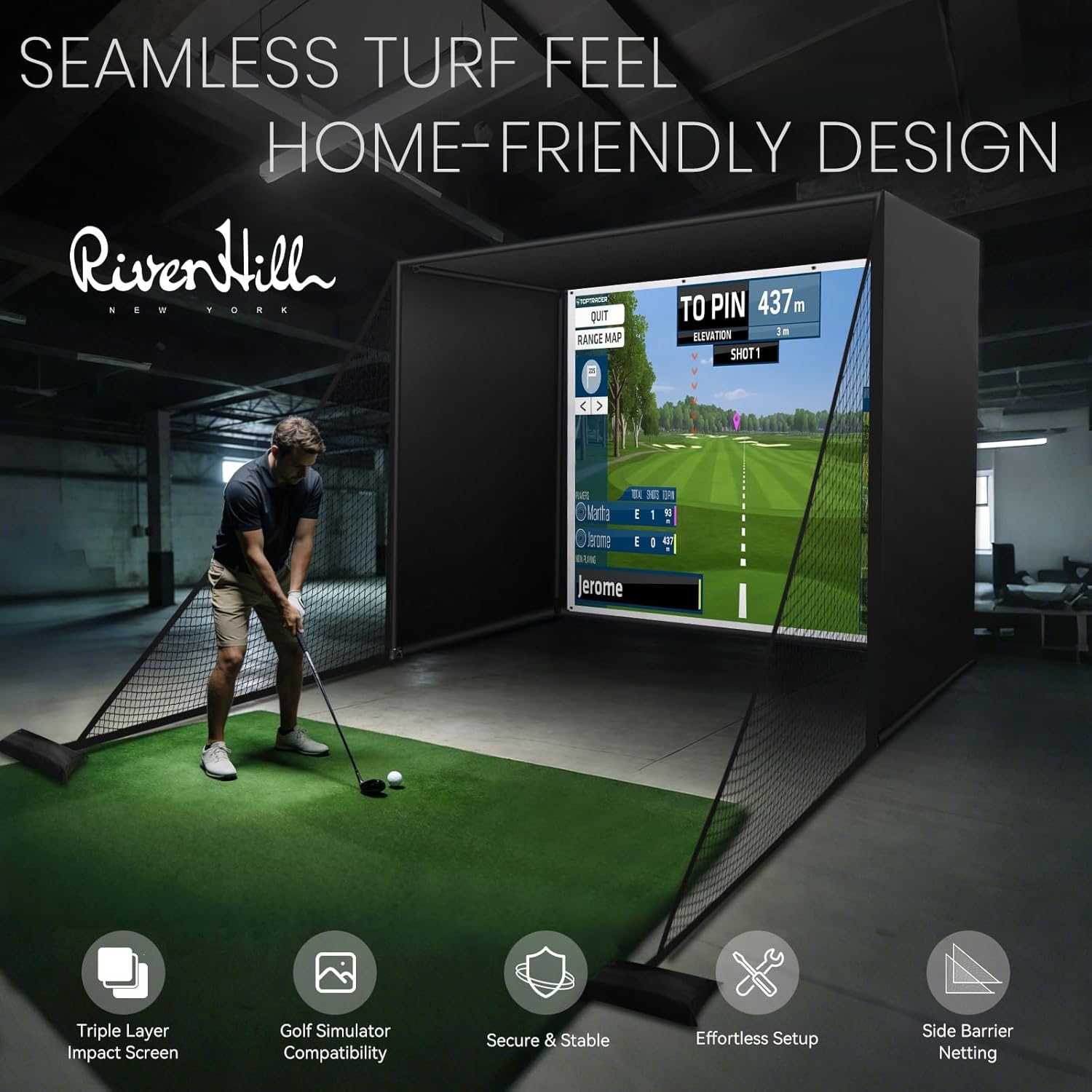 Golf Simulator Enclosure Net, 10 X 8 Ft Golf Sim Net Kit with Premium Triple Layer Impact Screen, Foam Padding Frame Pipes, Side Barrier Netting & Lightproof Cloth, Indoor Garage Practice Equipment