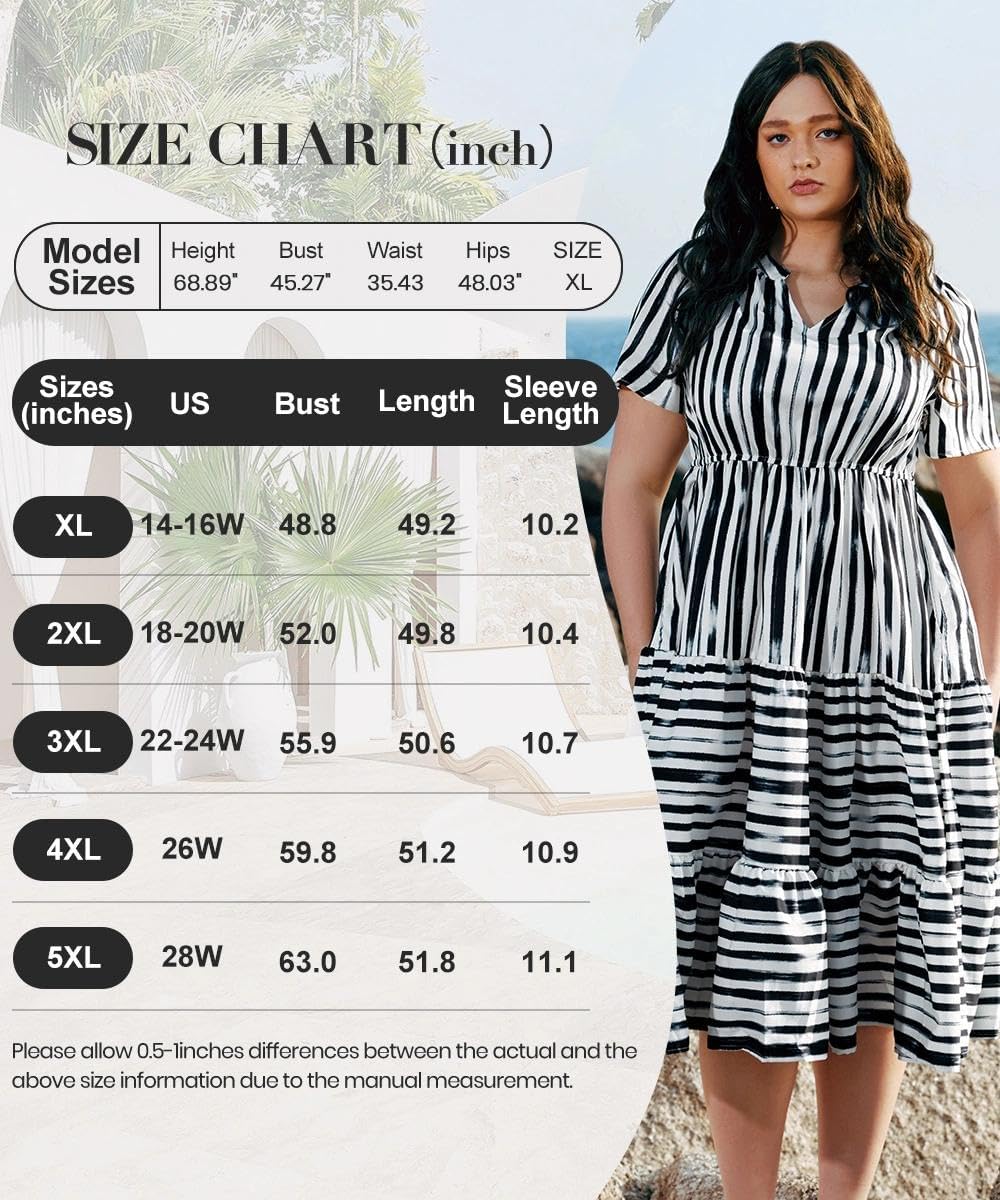 TIYOMI Women Plus Size Dress Boho V Neck Short Sleeve Beach Maxi Dresses Floral/Stripe/Leaves/Lemon XL-5XL - Image 9