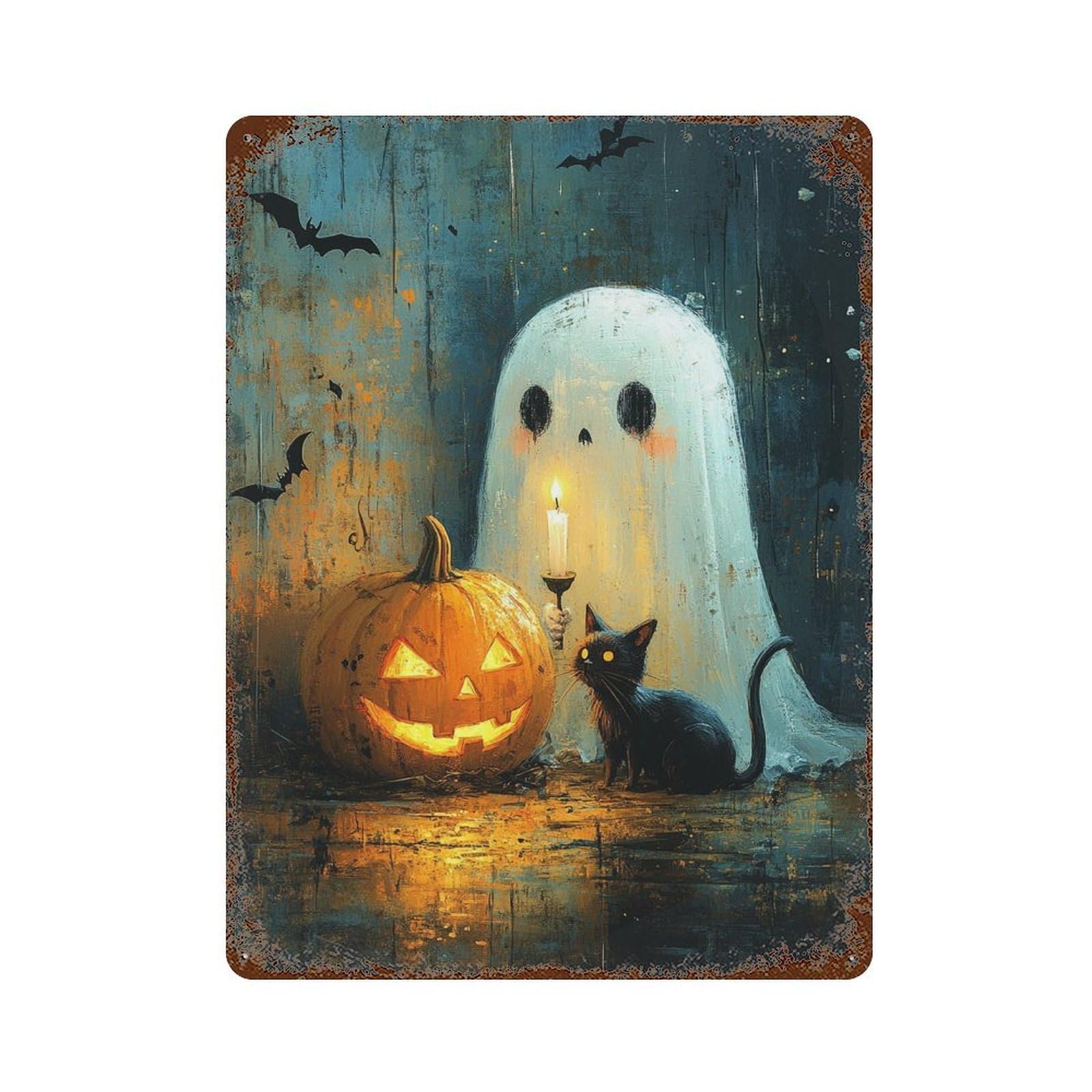 Distressed Metal Wall Sign with Halloween Ghost And Pumpkin Scene Design 15.7"x11.8", for Garage, Bar And Workshop Decor, Vintage Wall Decor