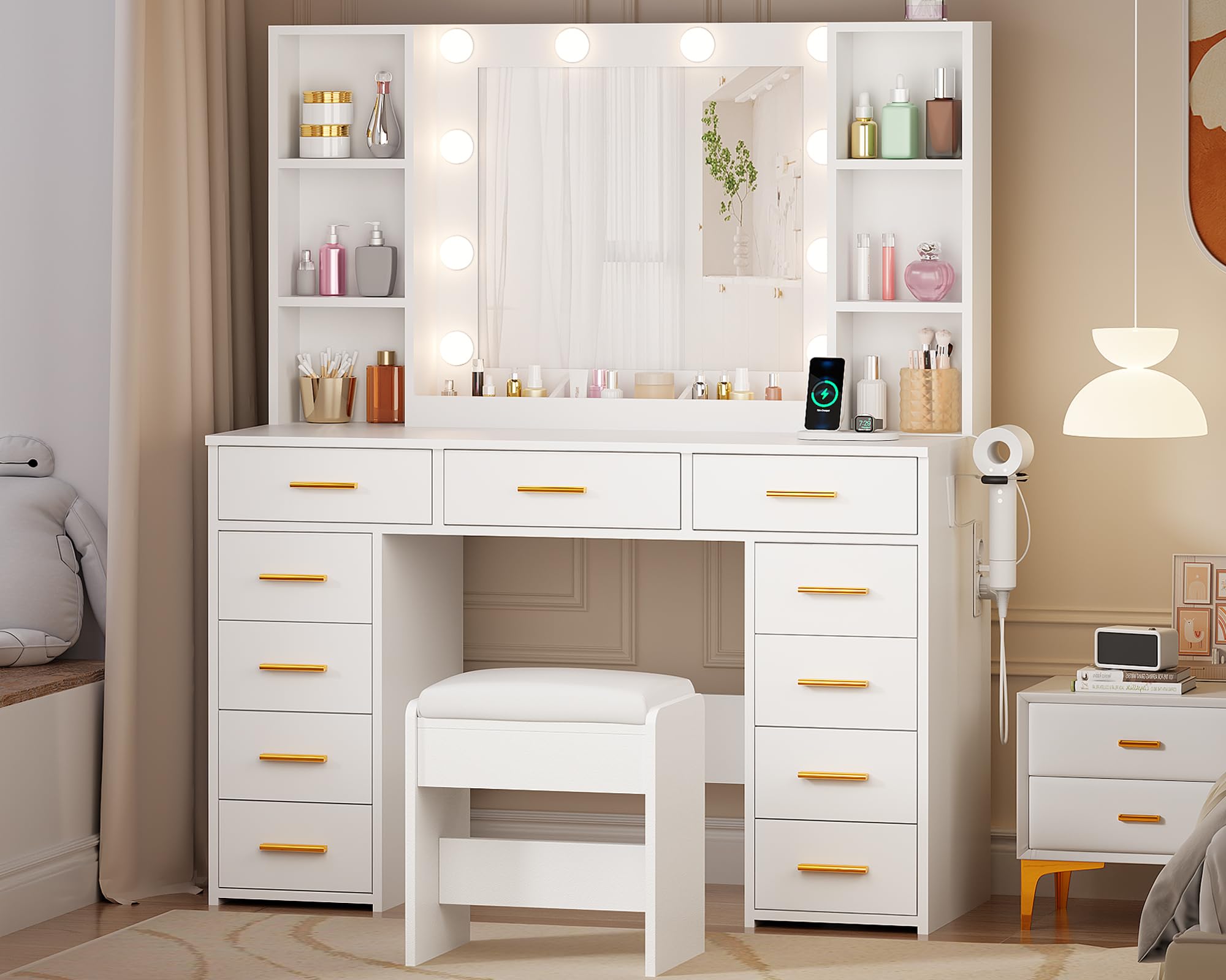ANWBROAD Tocador de Maquillaje Grande con Luz LED y Enchufes 140x110x40cm BDT86W